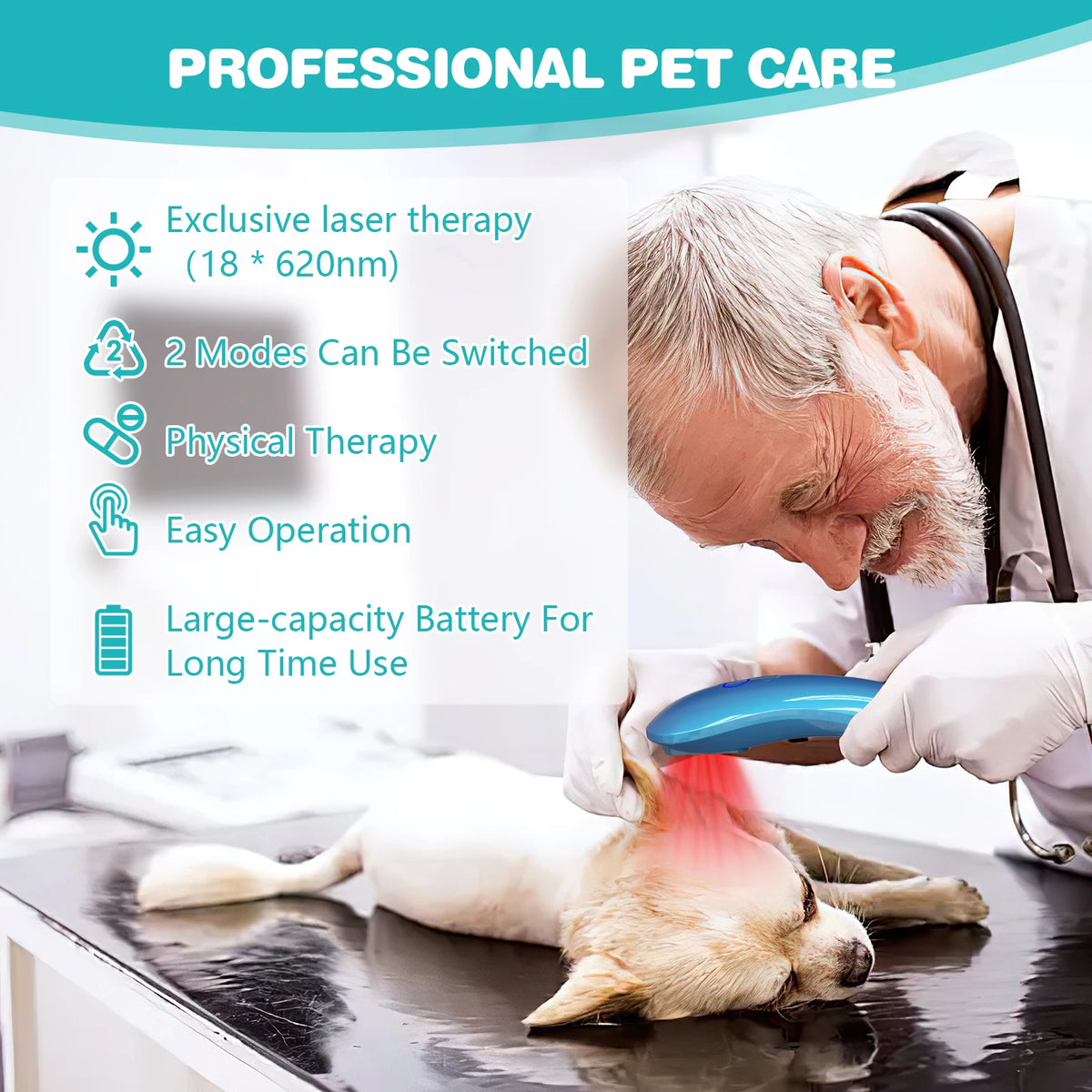 Pet Red Light Therapy Device for Dogs Cats Cold Laser Pain Relief Machine 18 Diodes 620nm Wavelength Veterinary Infrared Joint Muscle Rehabilitation Wand Portable Healing Massager Home Pet Care Supplies
