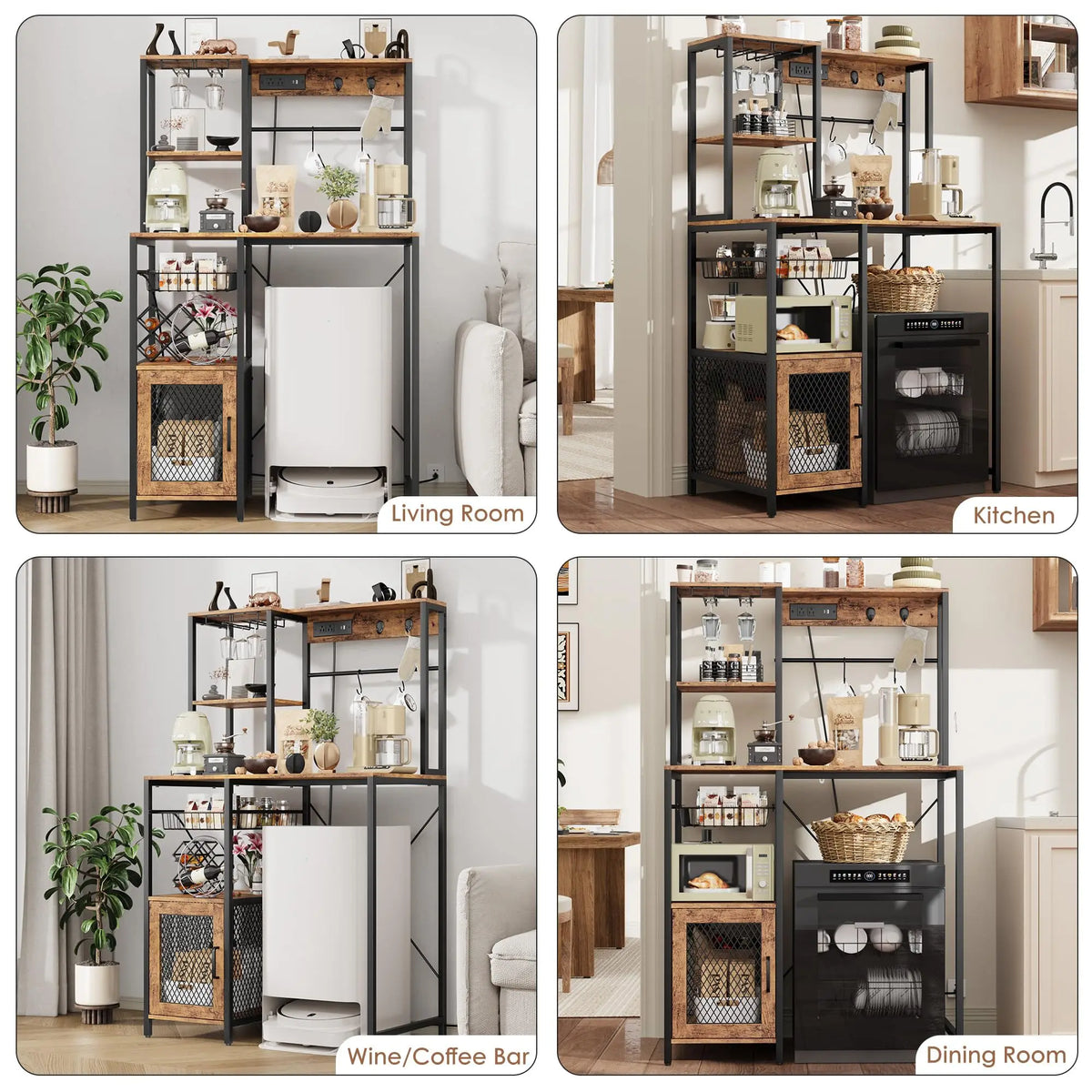 Kitchen Bakers Rack with Power Outlet and Storage Cabinet, Coffee Bar Microwave Stand with Refrigerator Space, Freestanding Kitchen Shelf for Pantry Living Room, Rustic Brown