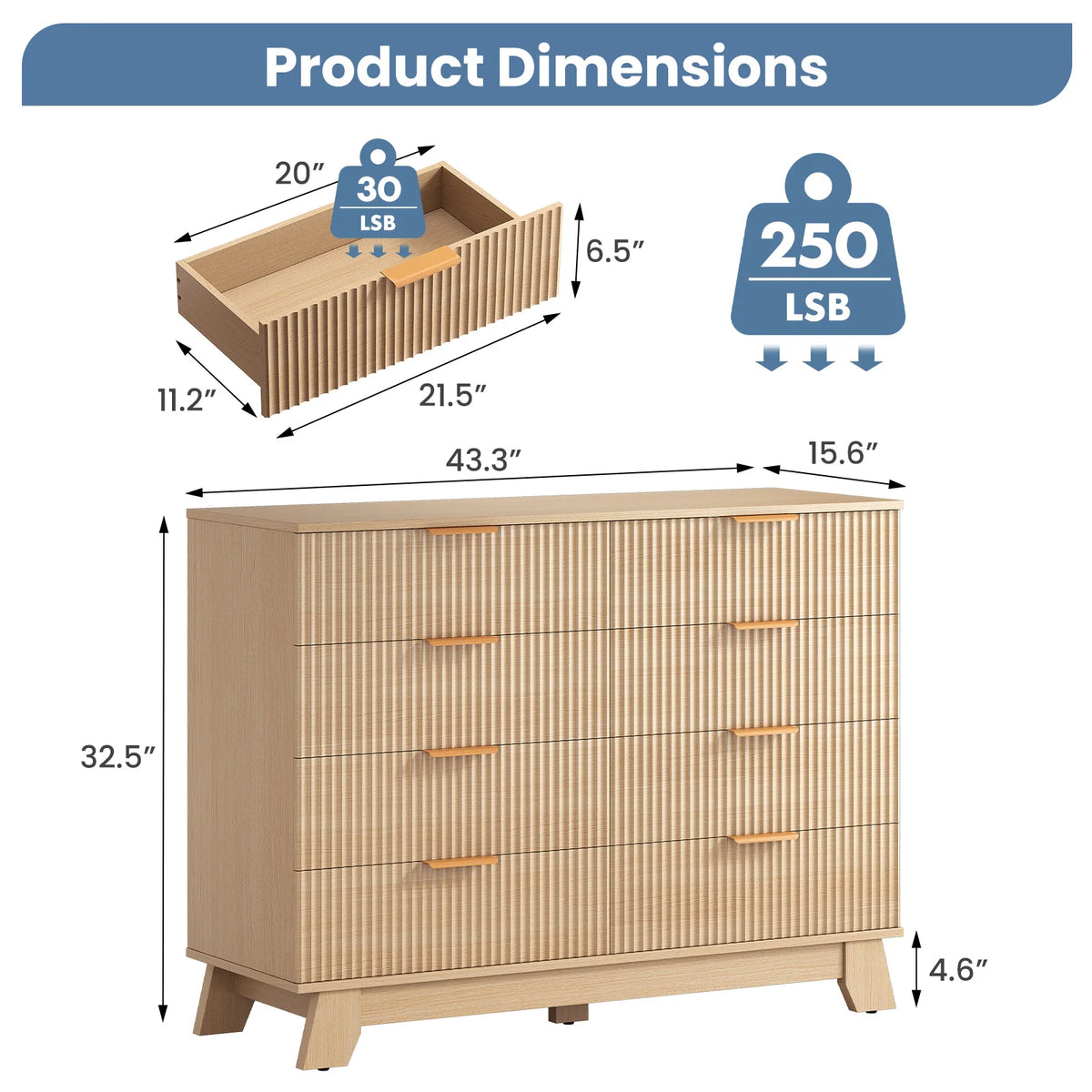 MCQ Grooved Wooden 8 Drawers Storage Cabinet 39.4" Wide Chest Beside Nightstand Dresser TV Stand Tables Various Storage Display Home Furniture
