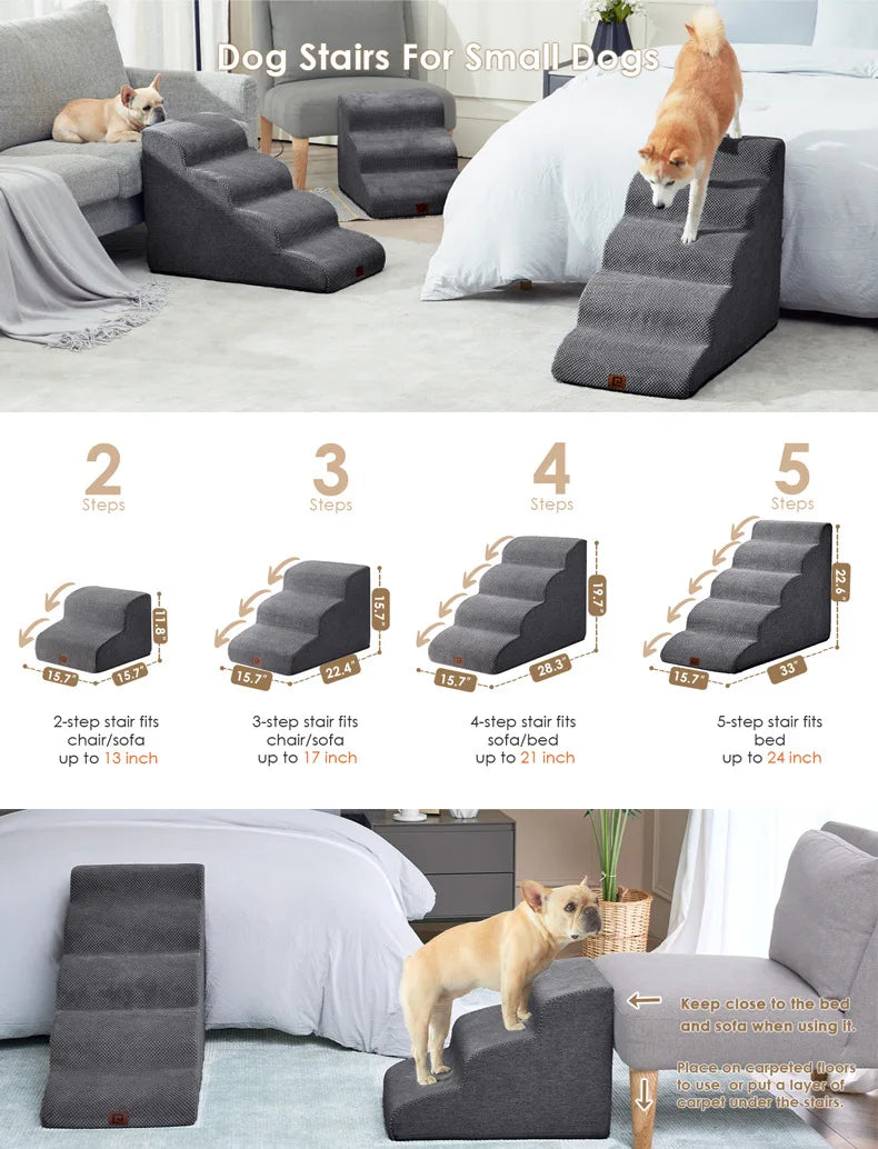 Dog Stairs for Small Dogs Cats, 3/4/5 Steps High Density Foam Pet Steps Ramp, Non-Slip Bottom Removable Washable Cover Pet Stair for Bed Sofa Couch Car, Support Up to 50Lbs for Senior Injured Short Leg Pets