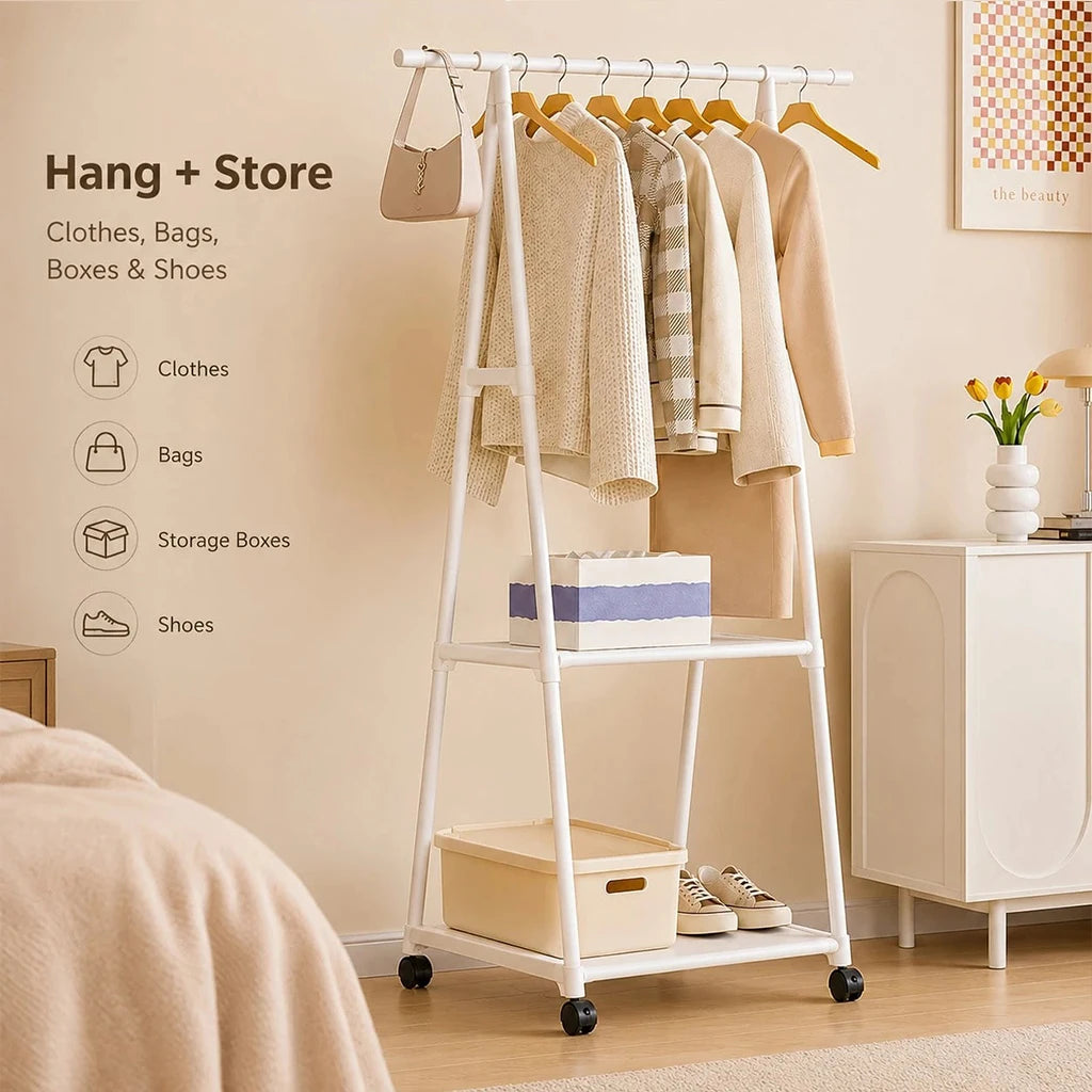 Portable Rolling Clothes Rack with 2 Storage Shelves - Heavy Duty Metal Garment Organizer on Wheels, Freestanding Hanging Stand for Bedroom Closet
