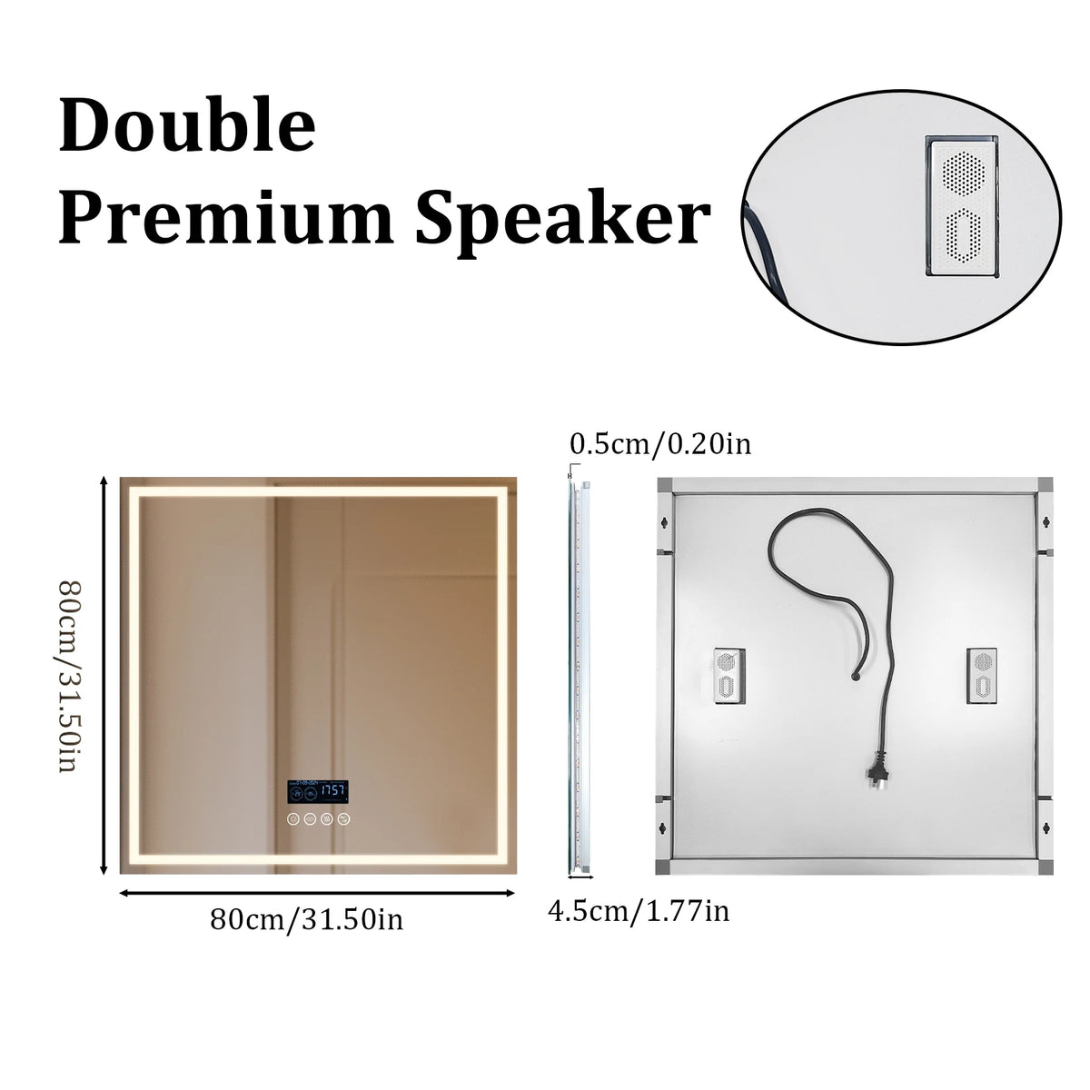 LED Bathroom Mirror 800mm Square Wall Mirror with Bluetooth Time Temperature Display 3 Colours Front+Backlit Anti-fog Memory