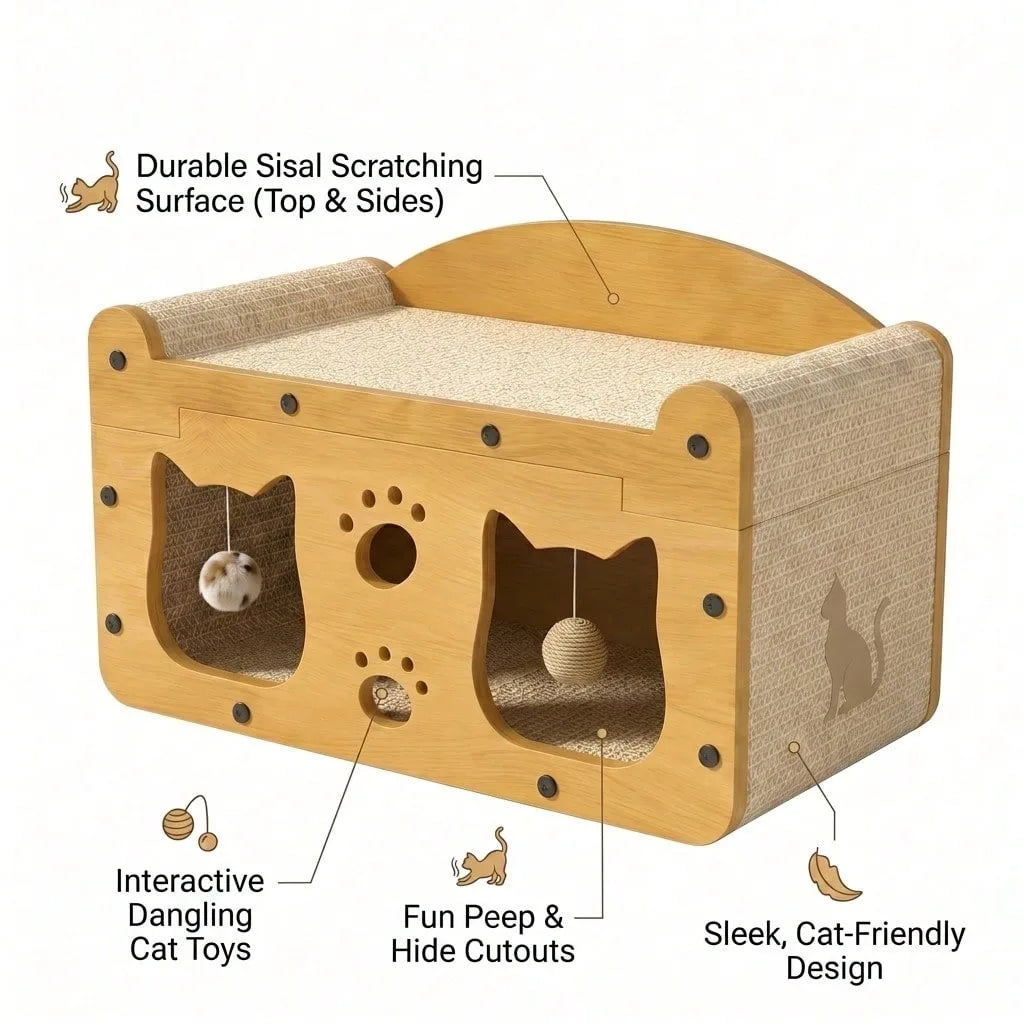 Double Layer Cat Scratching Board, Vertical Cat Scratcher for Claw Care, Durable Non-Corrugated Woven Cat House Villa with Scratch Pad, Furniture Protection for Cats, Cat Toy and Cat Nest for Home