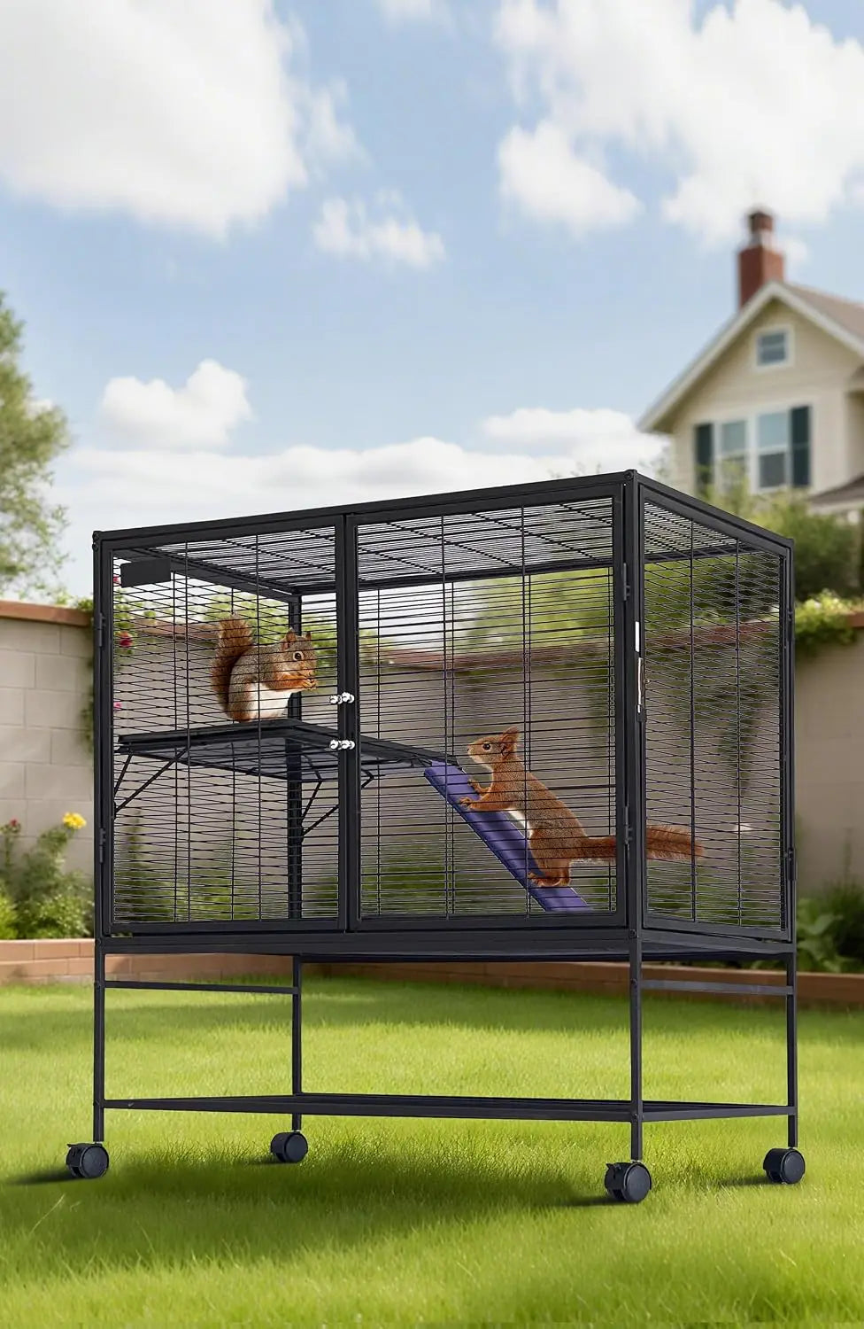 39" Multi-Level Metal Small Animal Cage – Large Ferret & Hamster Enclosure with Ramp, Storage Stand & Removable Tray for Chinchilla, Rabbit