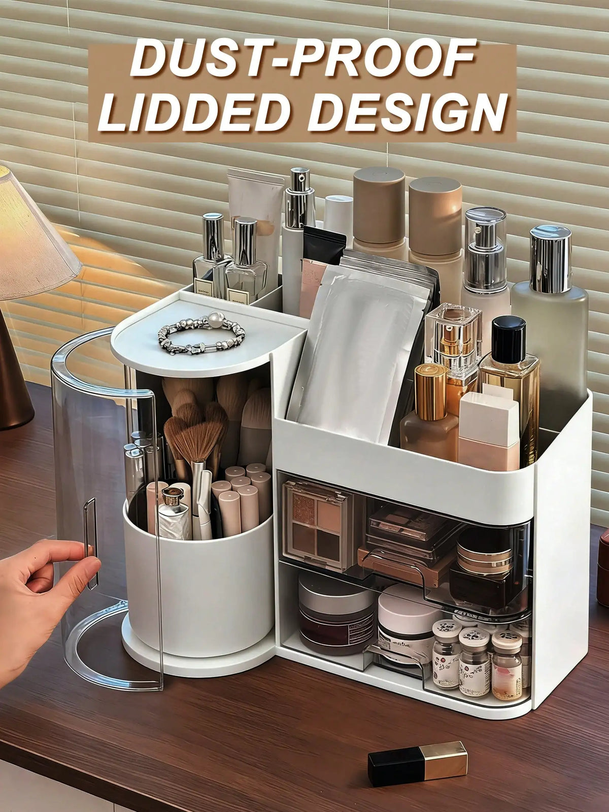 White Makeup Organizer for Vanity, Large Capacity Bathroom Countertop Cosmetic Storage Box with Drawers & Brush Holder, Skincare Organizer for Lipstick, Nail Polish & Eyeshadow