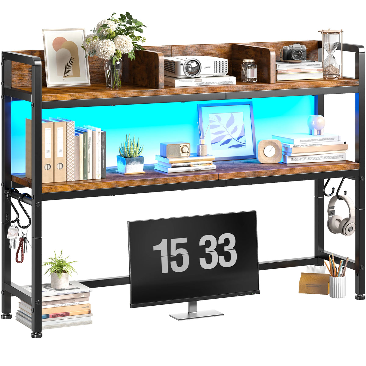 35.5" Desk Shelf With LED Lights And Hooks, 2-Tier Adjustable Multipurpose Solid Wood Desk Hutch Dorm, Desktop Organizer Rack With 3 Display Rack For Dorm, Office Home