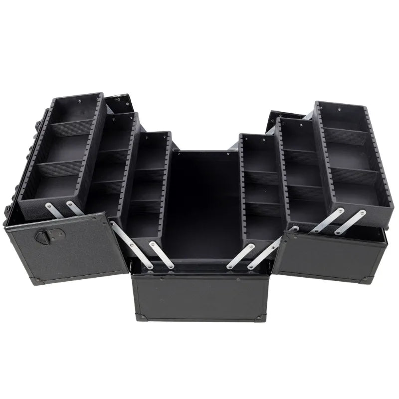 14Inch Large Black Professional Multi‑layer Foldable Makeup Case Large Capacity Cosmetic Storage Box Lockable Design Compartment Organizer with Mirror Portable Beauty Train Case for Home Dressing Table Outdoor Makeup Work