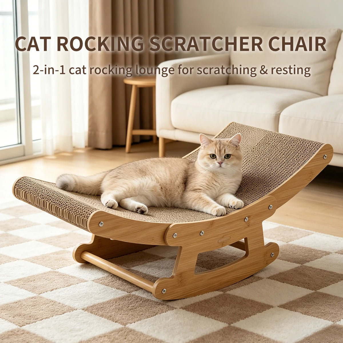 2-in-1 Cat Rocking Chair Scratcher, Dual Purpose Lounge Chair for Claw Sharpening & Resting, S Size Indoor Cat Furniture