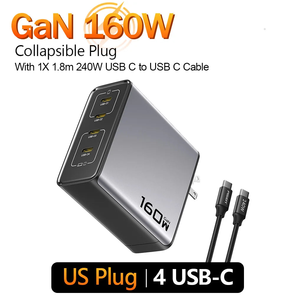PISEN 160W GaN Charger 4 USB C Port & 1.8m Fast Charging Cable PD3.1 Quick Charger for MacBook Laptop Tablet iPhone Samsung iPad