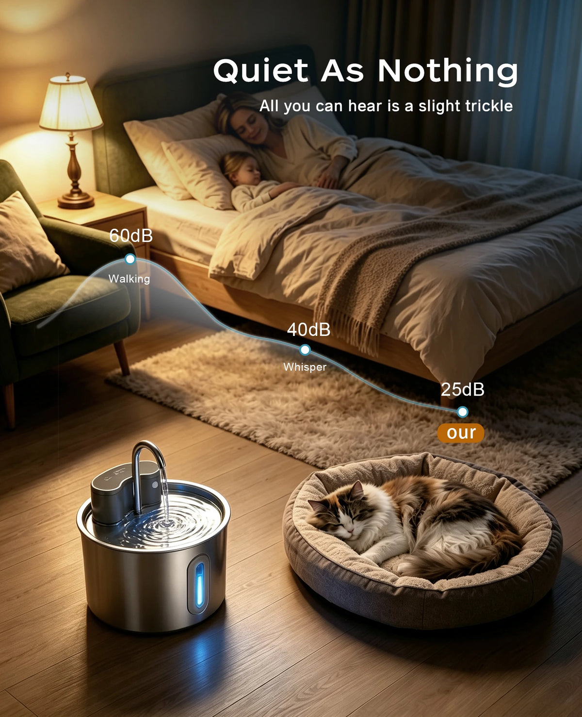 Cordless Stainless Steel Cat Water Fountain 74oz/2.2L, Battery Operated Quiet Automatic Wireless Pet Fountain for Pets Indoor