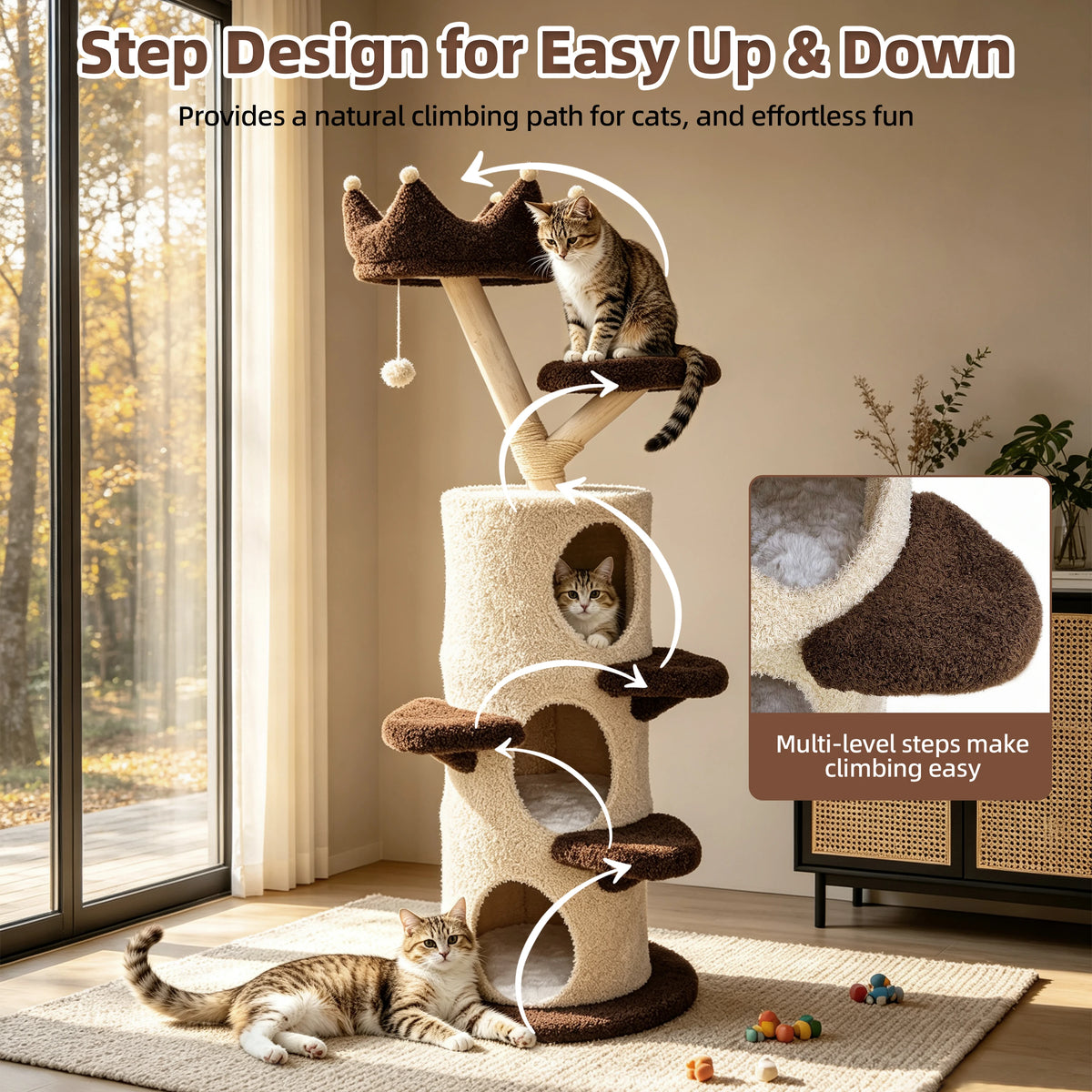 Bingopaw 160 cm Cat Tree for Indoor Cats, Multi-Level Cat Tower with 3 Condos, Crown Top Perch, Scratching Post, Climbing Steps and Hanging Toy, Cream and Dark Brown
