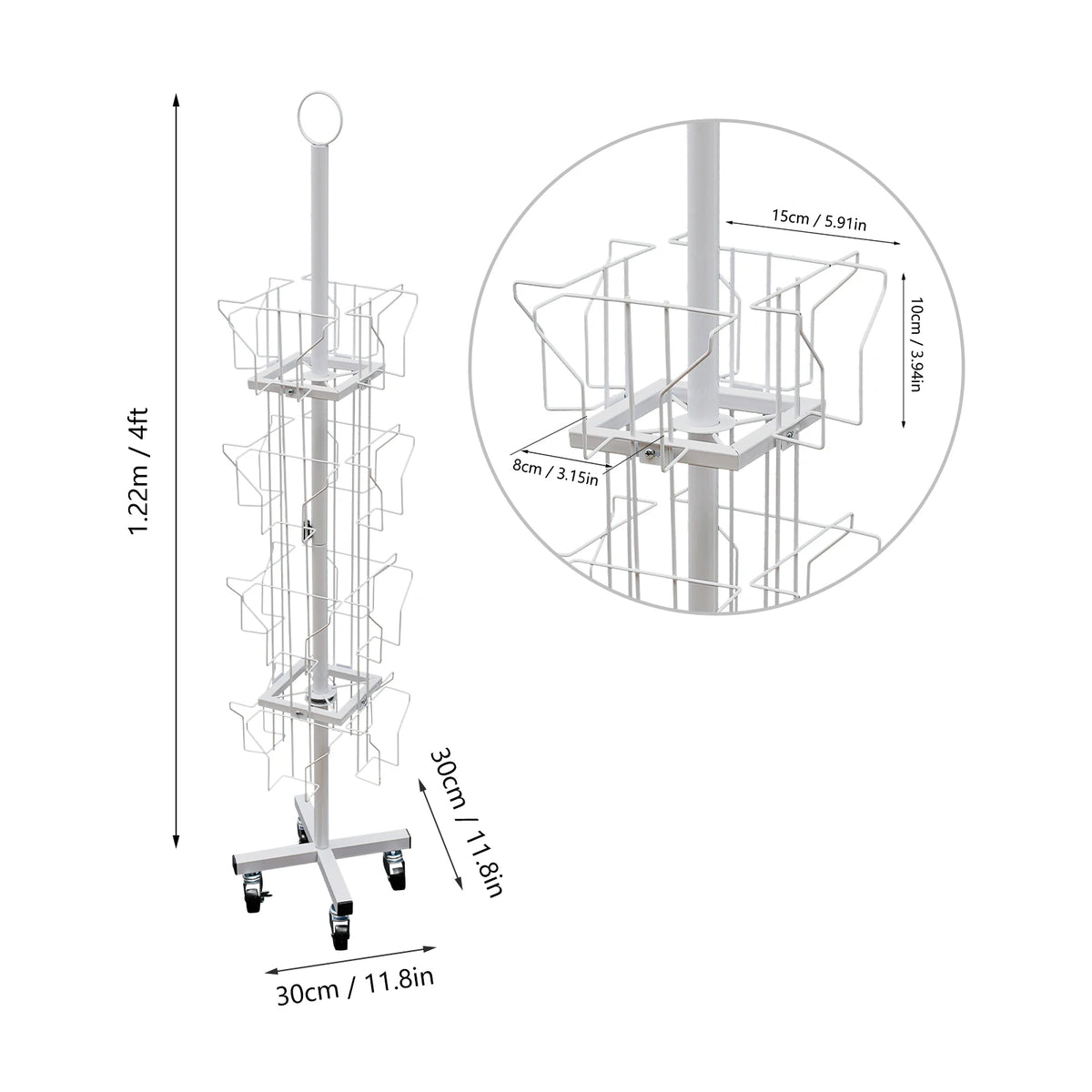 4-Tier 16 Pocket Rotating Greeting Card Rack, 360° Swivel Brochure Display Stand with 4 Wheels for Postcard Sticker Organizer, Floor Standing Metal Holder