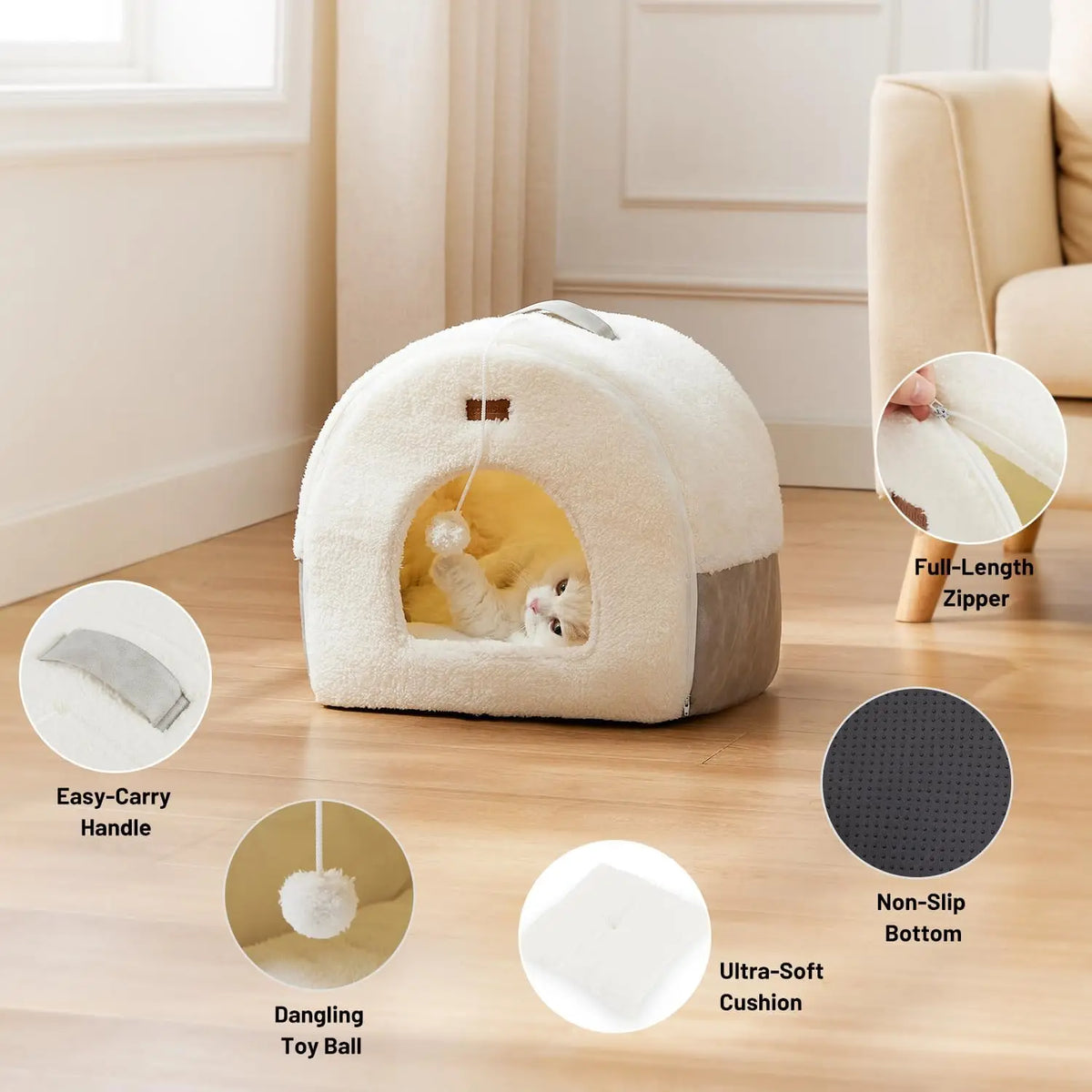 ZOMISIA 2in1 Cat Bed Cave for Indoor Cats Enclosed Bed with Washable Pillow