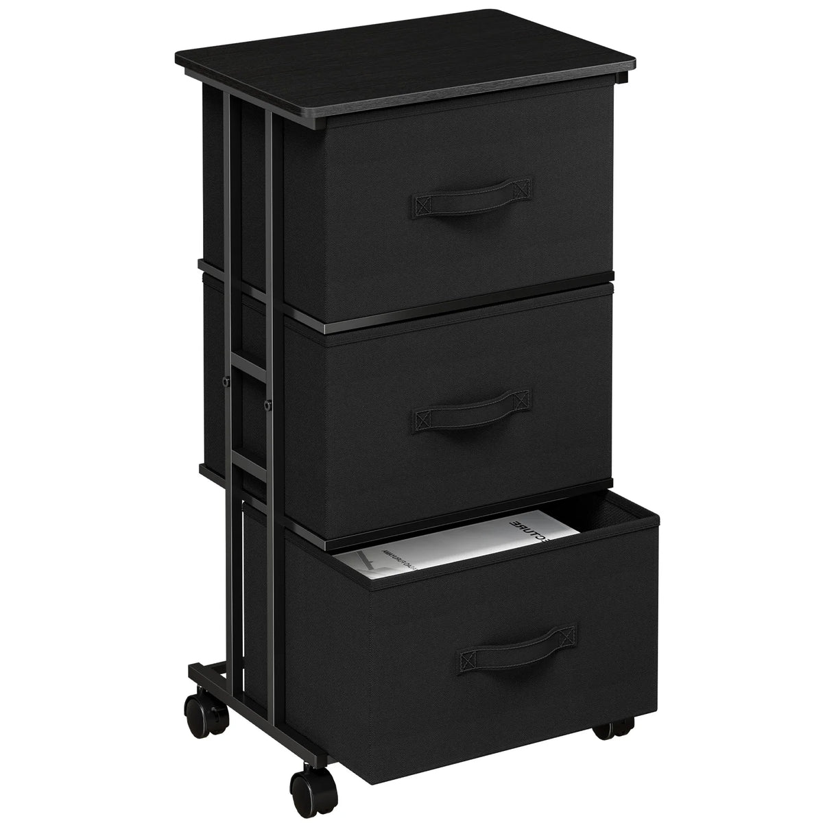 MCQ Movable Roller Cabinet With 3 Foldable Fabric Drawers Wooden Top Dresser Tables With Steel Structure Display Of Furniture