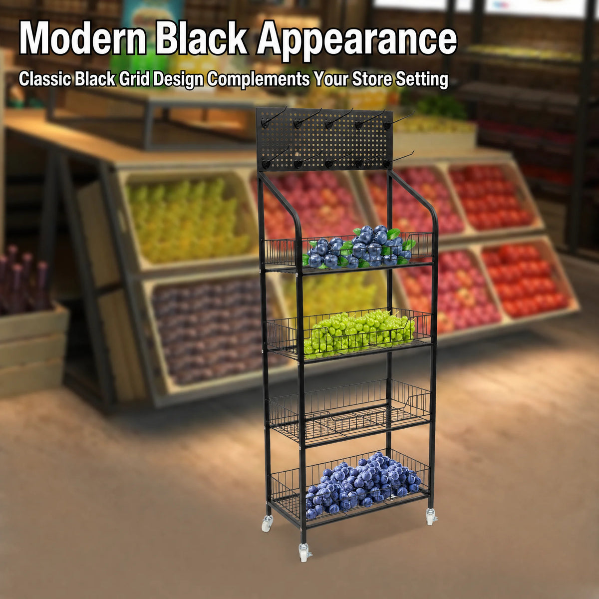 4-Tier Retail Display Rack Stand with Wheels, Snack Candy Organizer Basket Cart with 10 Hooks, 22 lbs Capacity per Shelf for Supermarket Bakery Store, Black