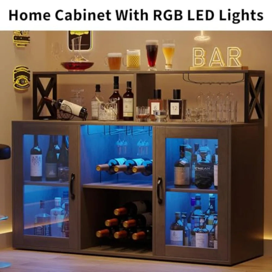 47" Wine Cabinet with LED Light, Home Coffee Cabinet with Wine Rack and Glass Holder, Coffee Bar Buffet Sideboard Storage with