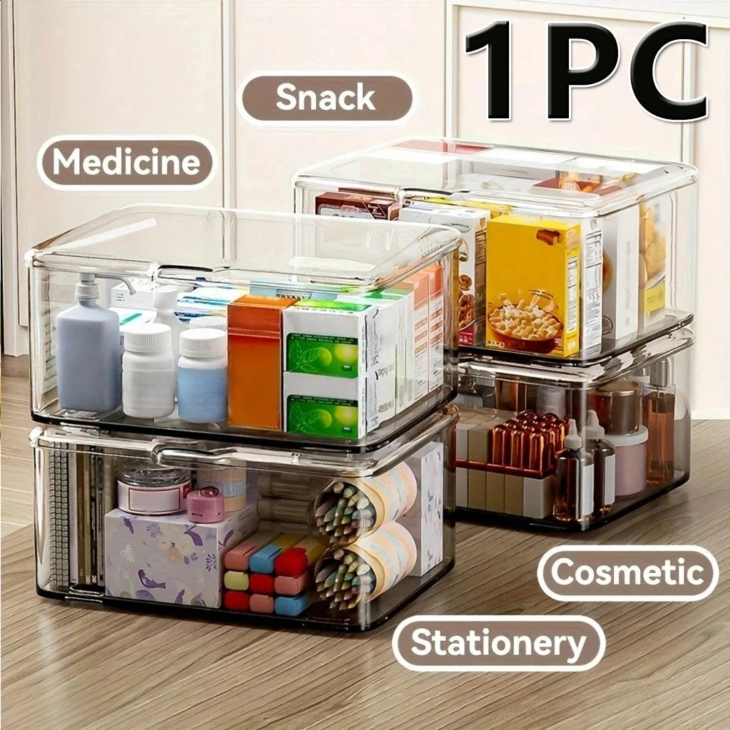 1 pc Transparent Plastic Storage Box with Lid Organizer for Medicine Cosmetics Makeup Jewelry Stationery Desktop Drawer Container Dustproof Clear Bin