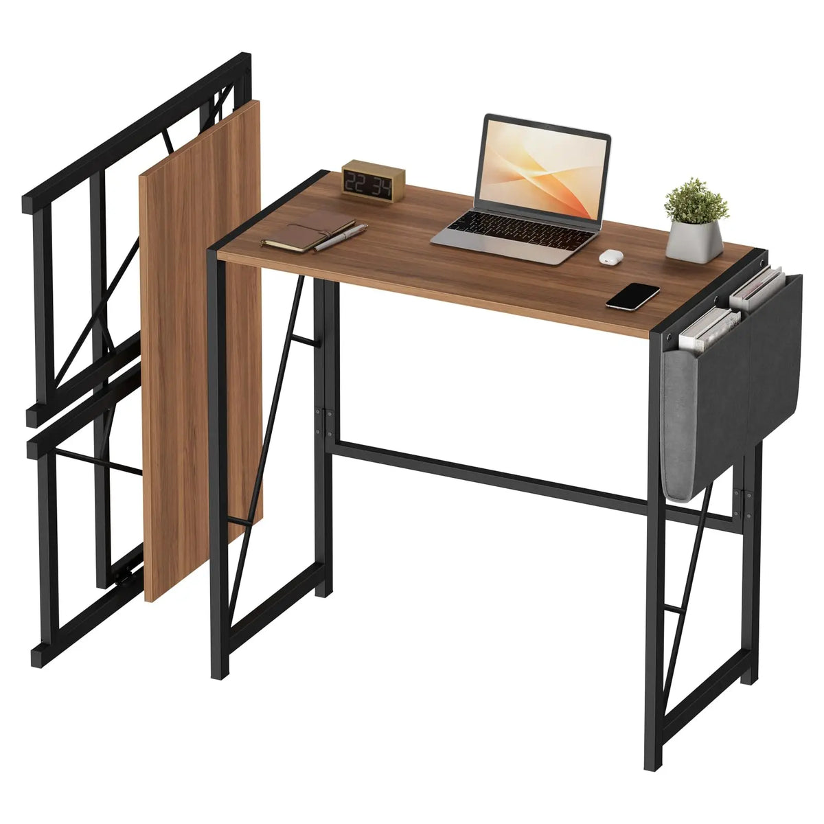 31.5" Folding Computer Desk Space-Saving Compact Home Office Writing Desk Side Storage Pocket & 2 Headphone Hooks Collapsible Computer Writing Table for Home Office, Bedroom, Balcony