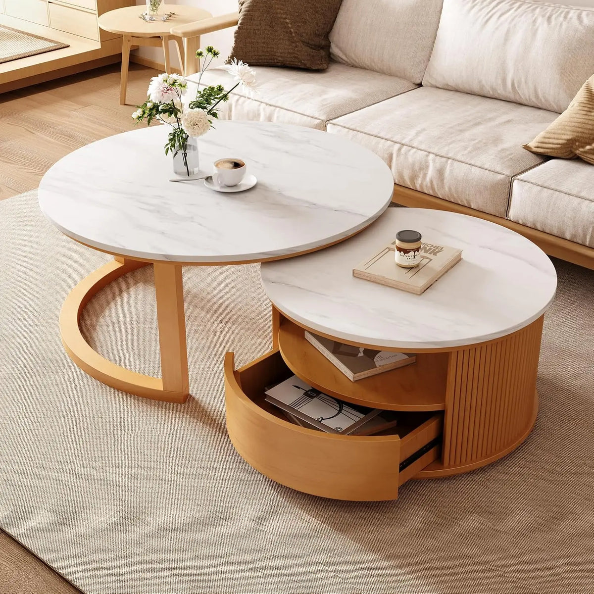 Modern Round Nesting Coffee Table with Marble Top, White & Gold Nesting Coffee Table Set of 2 Center Table with, Customized