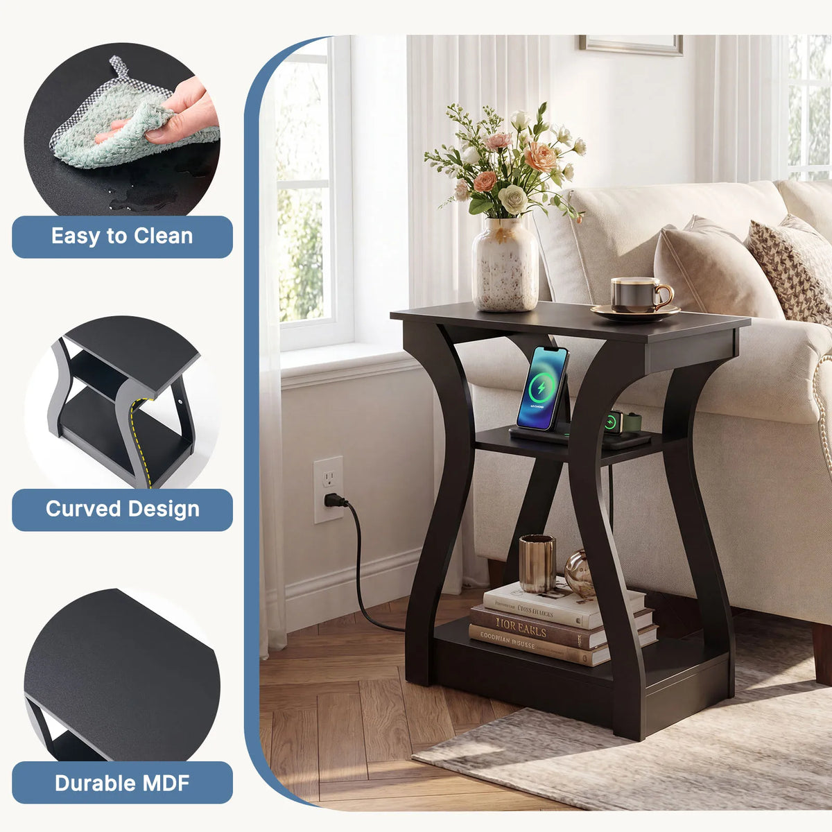 MCQ 2 Pack Living Room Cabinet with Charging Station 3-Tier Side Table Storage Display Nightstand Bedside Coffee Sofa Tea Table Cabinets For Furniture