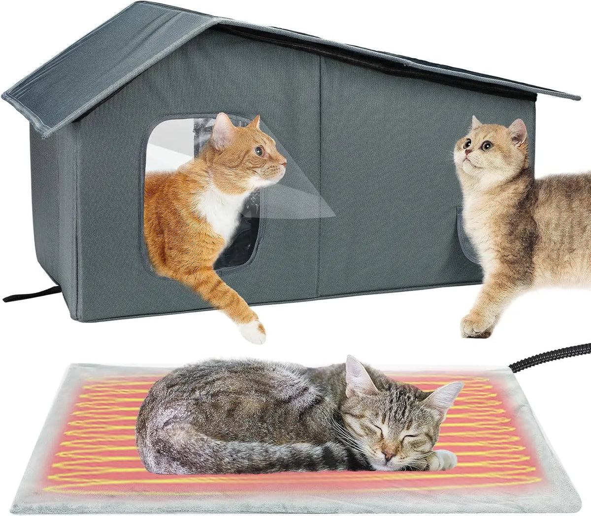 Mewtogo Weatherproof Outdoor Heated Cat House with Thermostatic Heating Pad