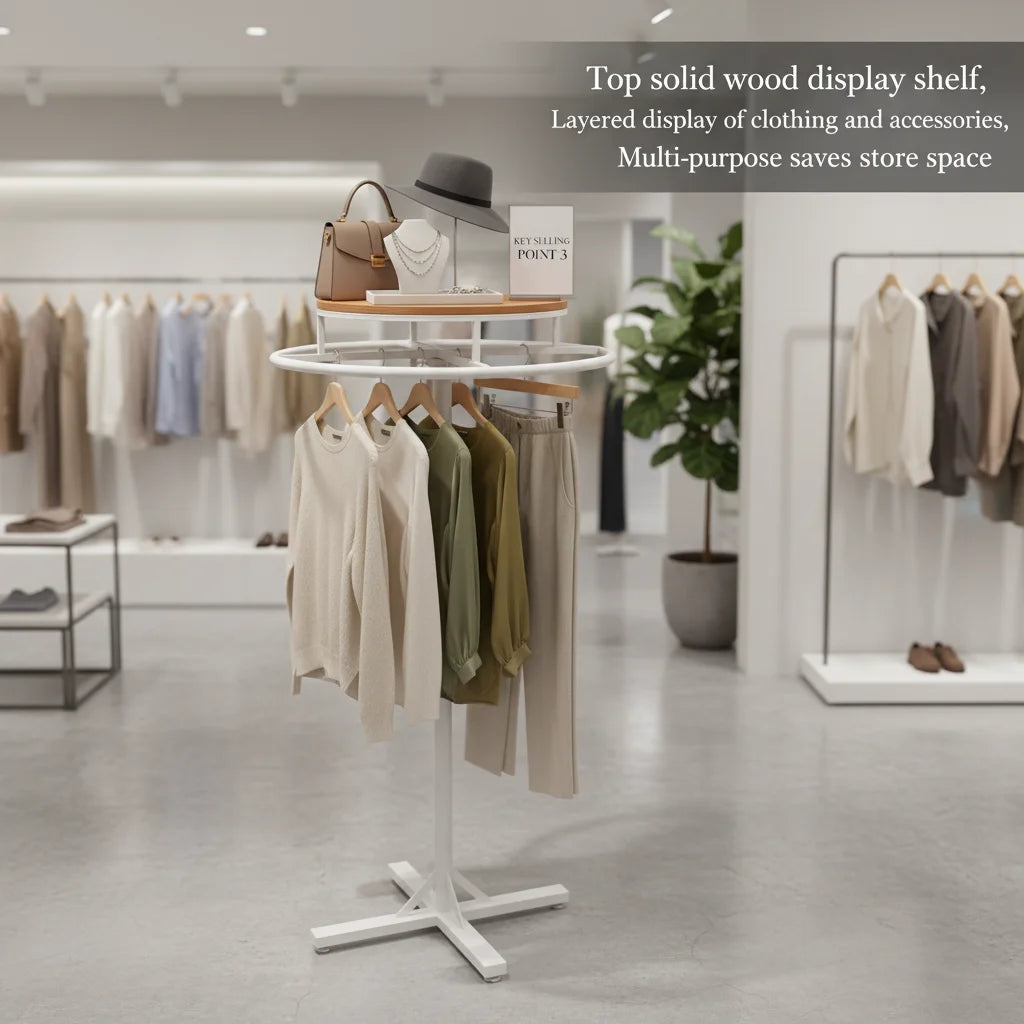 Round Clothing Display Rack 70cm Diameter, Floor-Standing Rotating Garment Rack with Solid Wood Top Shelf, 360° Swivel Heavy Duty Display Stand for Boutique Retail Store, White
