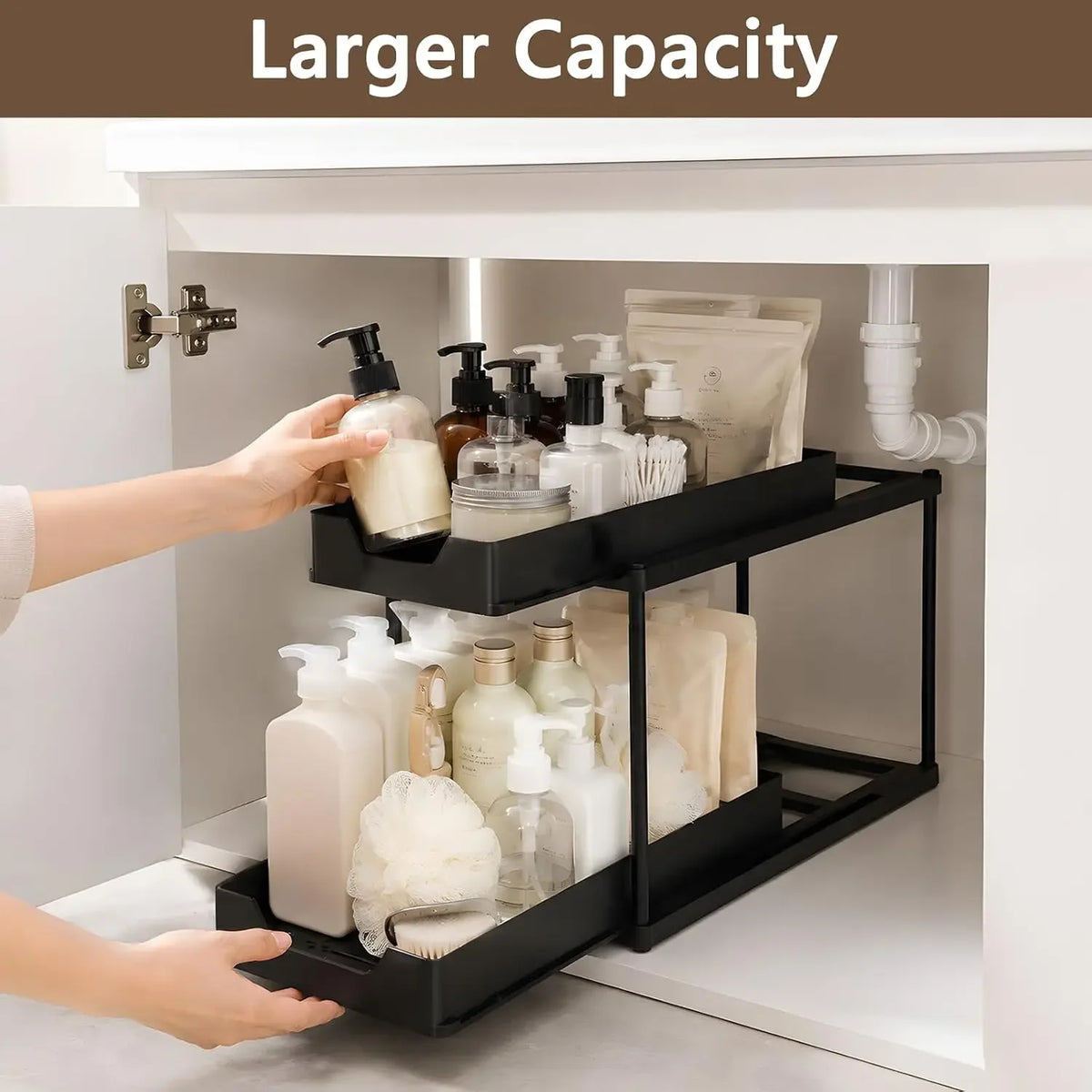 Under Sink Organizer 2 Pack/1 Pack, H-Shaped Pull Out Cabinet Storage, 2-Tier Slide Out Drawer Fits Around Pipes, Metal Rack for Kitchen Bathroom