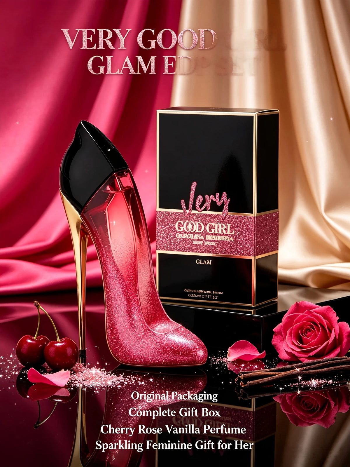 Carolina Herrera Very Good Girl Glam EDP 80ml 2.7 fl.oz Women Cherry Rose Vanilla Perfume Long Lasting Luxury Fragrance Sparkling Feminine Signature Scent Back to School Fall Fashion Halloween Christmas Holiday Gift Single Bo