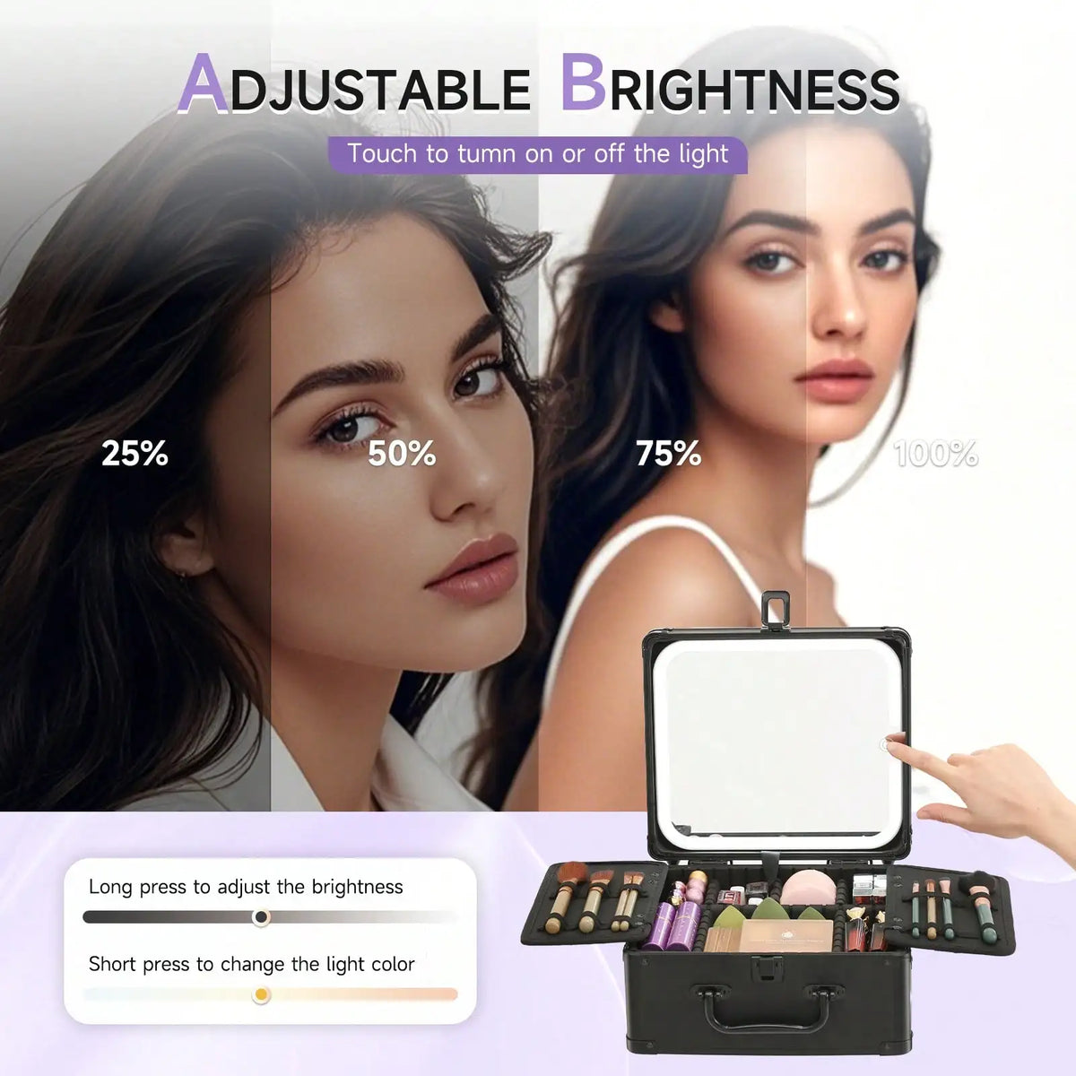 Professional Makeup Train Case with Rechargeable LED Mirror, Large Capacity Cosmetic Organizer with Adjustable Dividers, Travel Makeup Storage Box for Artist Salon Vanity