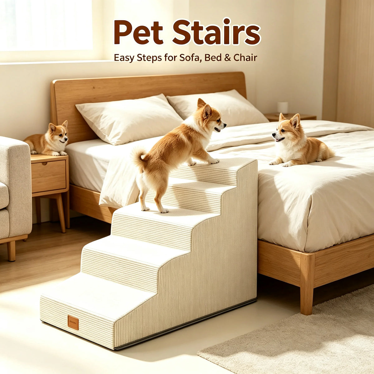 Dog Stairs for Small Dogs Cats, 3/4/5 Steps High Density Foam Pet Steps Ramp, Non-Slip Bottom Removable Washable Cover Pet Stair for Bed Sofa Couch Car, Support Up to 50Lbs for Senior Injured Short Leg Pets