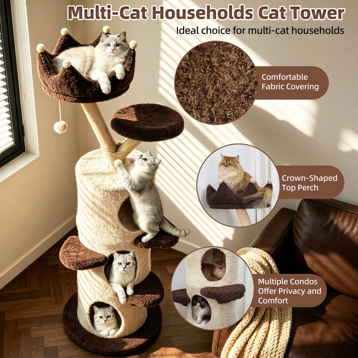 Bingopaw 160 cm Cat Tree for Indoor Cats, Multi-Level Cat Tower with 3 Condos, Crown Top Perch, Scratching Post, Climbing Steps and Hanging Toy, Cream and Dark Brown