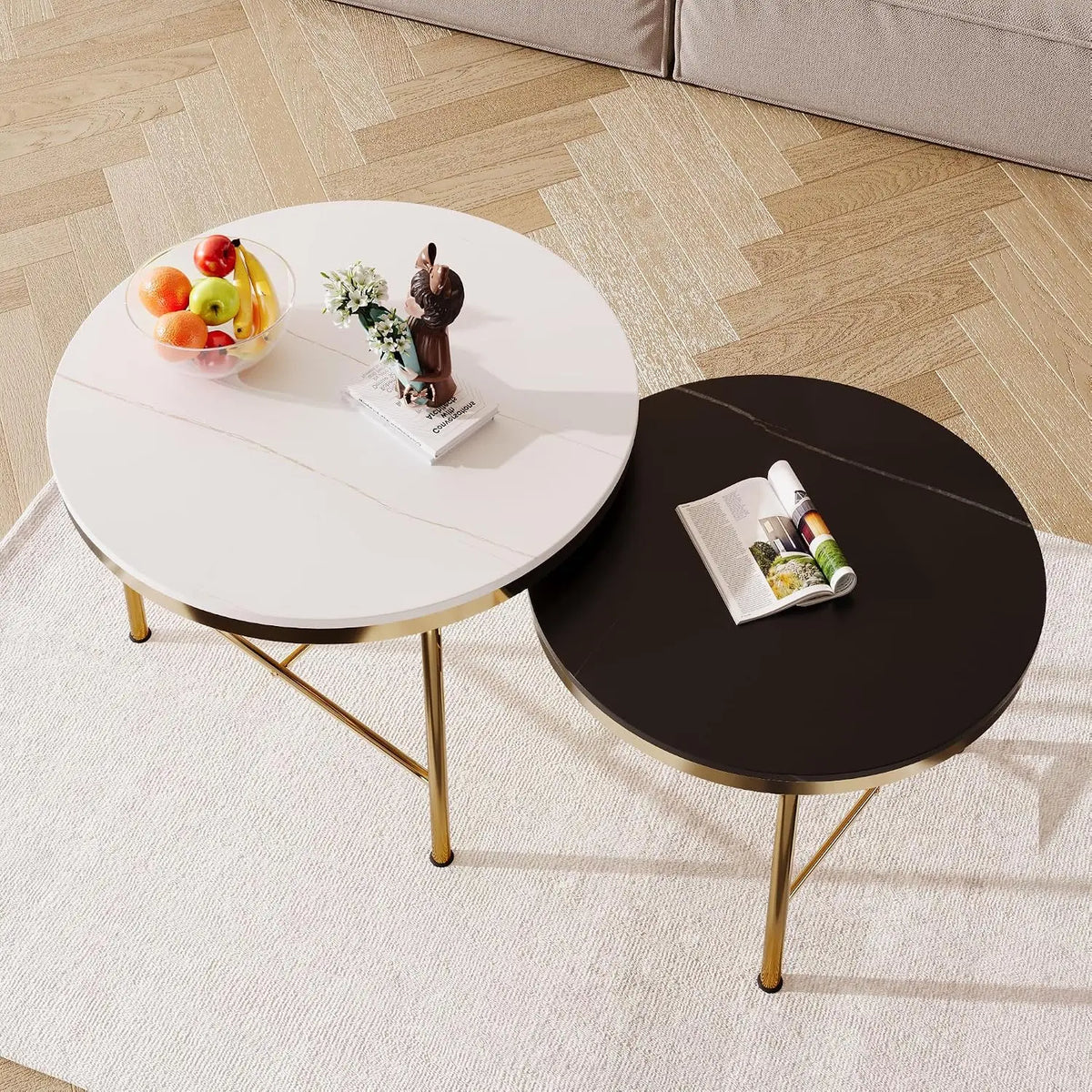Modern Round Nesting Coffee Table with Marble Top, White & Gold Nesting Coffee Table Set of 2 Center Table with, Customized