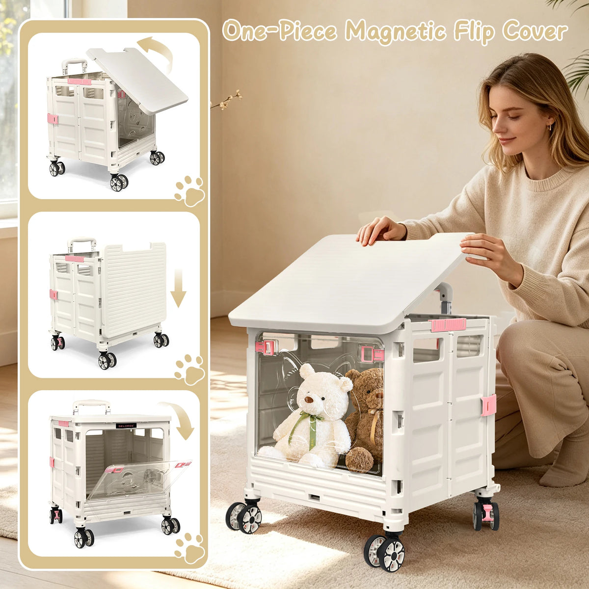 2-in-1 Foldable Shopping Cart & Rolling Pet Carrier, 55L Collapsible Utility Cart with Wheels, Pet Carrier with Telescopic Handle for Cats & Small Dogs, Portable Grocery Cart for Picnic, Travel