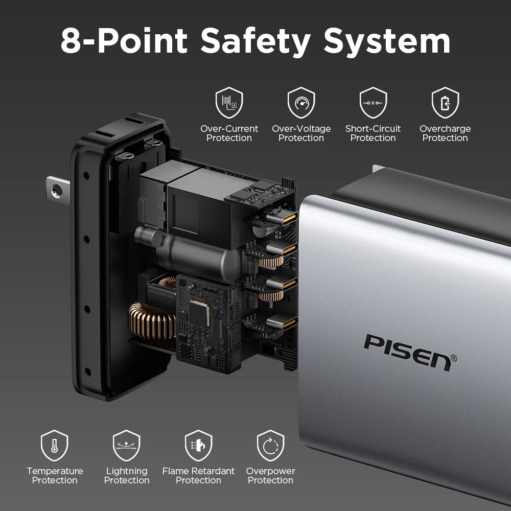 PISEN 160W GaN Charger 4 USB C Port & 1.8m Fast Charging Cable PD3.1 Quick Charger for MacBook Laptop Tablet iPhone Samsung iPad