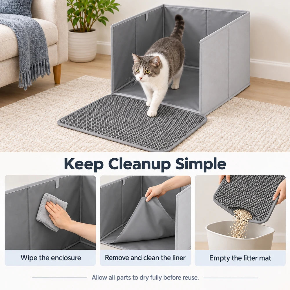 Cat Litter Box Splash Guard Foldable Open Top Enclosure With Floor Liner And Honeycomb Litter Mat For Indoor Cats Easy Clean Litter Area