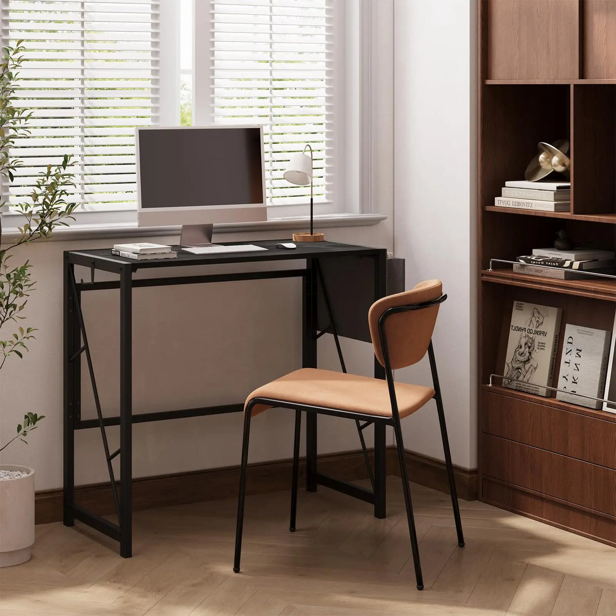31.5" Folding Computer Desk Space-Saving Compact Home Office Writing Desk Side Storage Pocket & 2 Headphone Hooks Collapsible Computer Writing Table for Home Office, Bedroom, Balcony