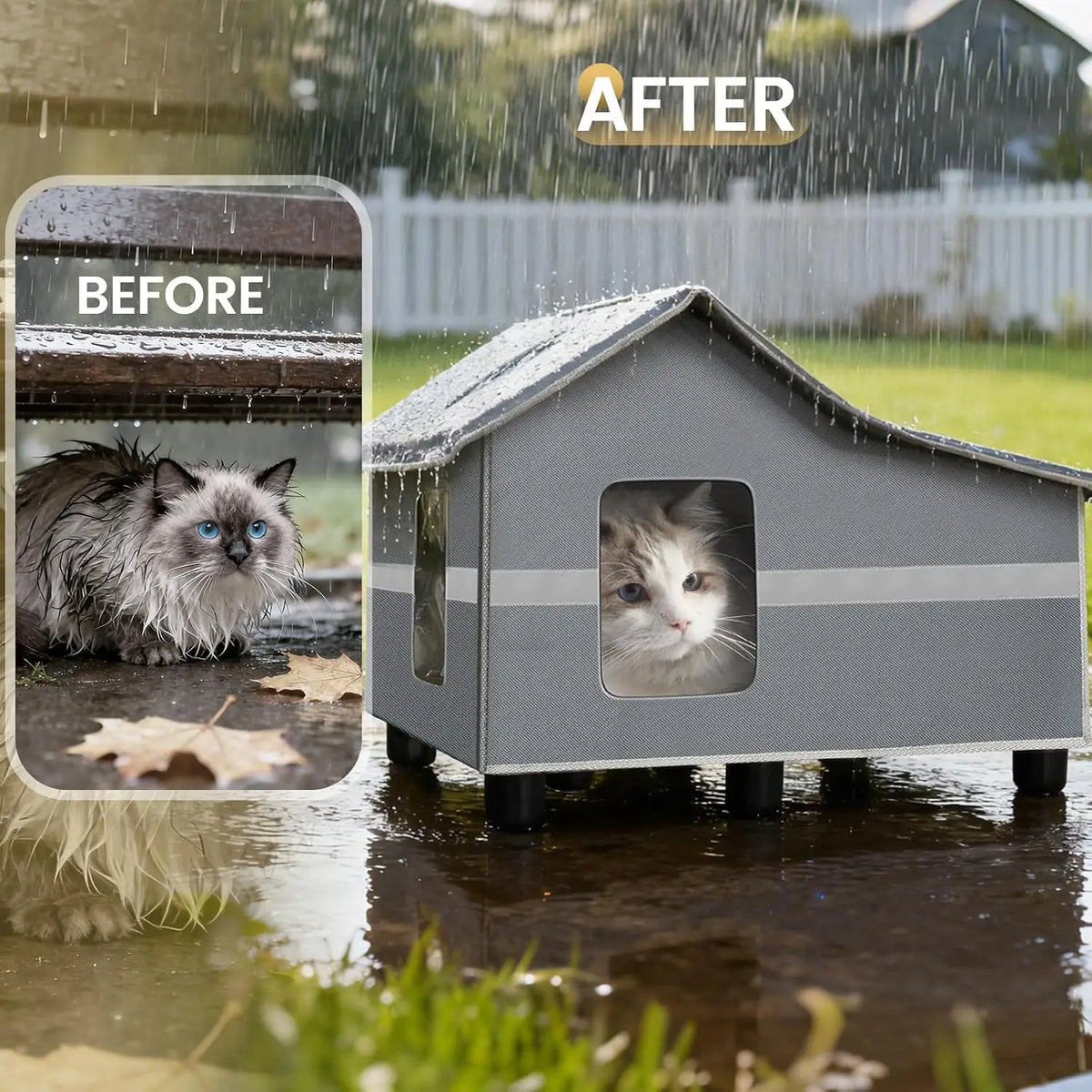 Outdoor Cat House Weatherproof, Outside Cat House for Outdoor Feral Cats, Insulated Cat Shelter with Cozy Mat and Elevated Bases