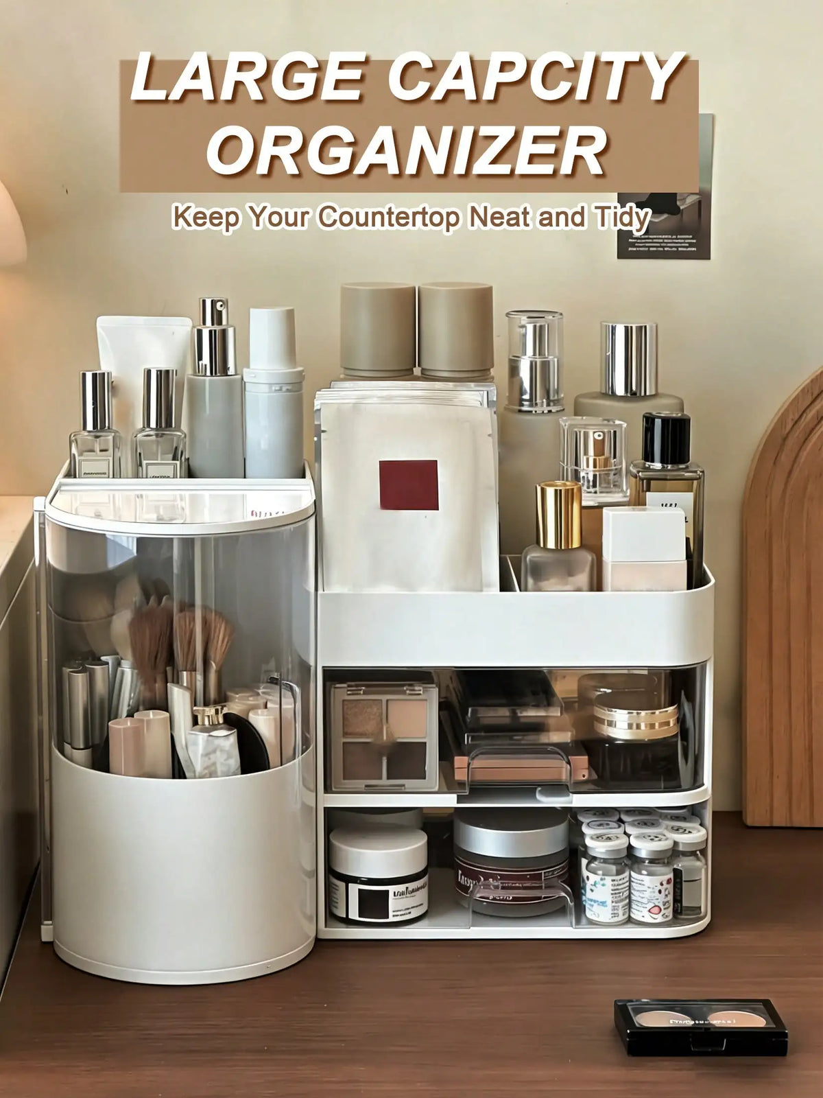 White Makeup Organizer for Vanity, Large Capacity Bathroom Countertop Cosmetic Storage Box with Drawers & Brush Holder, Skincare Organizer for Lipstick, Nail Polish & Eyeshadow