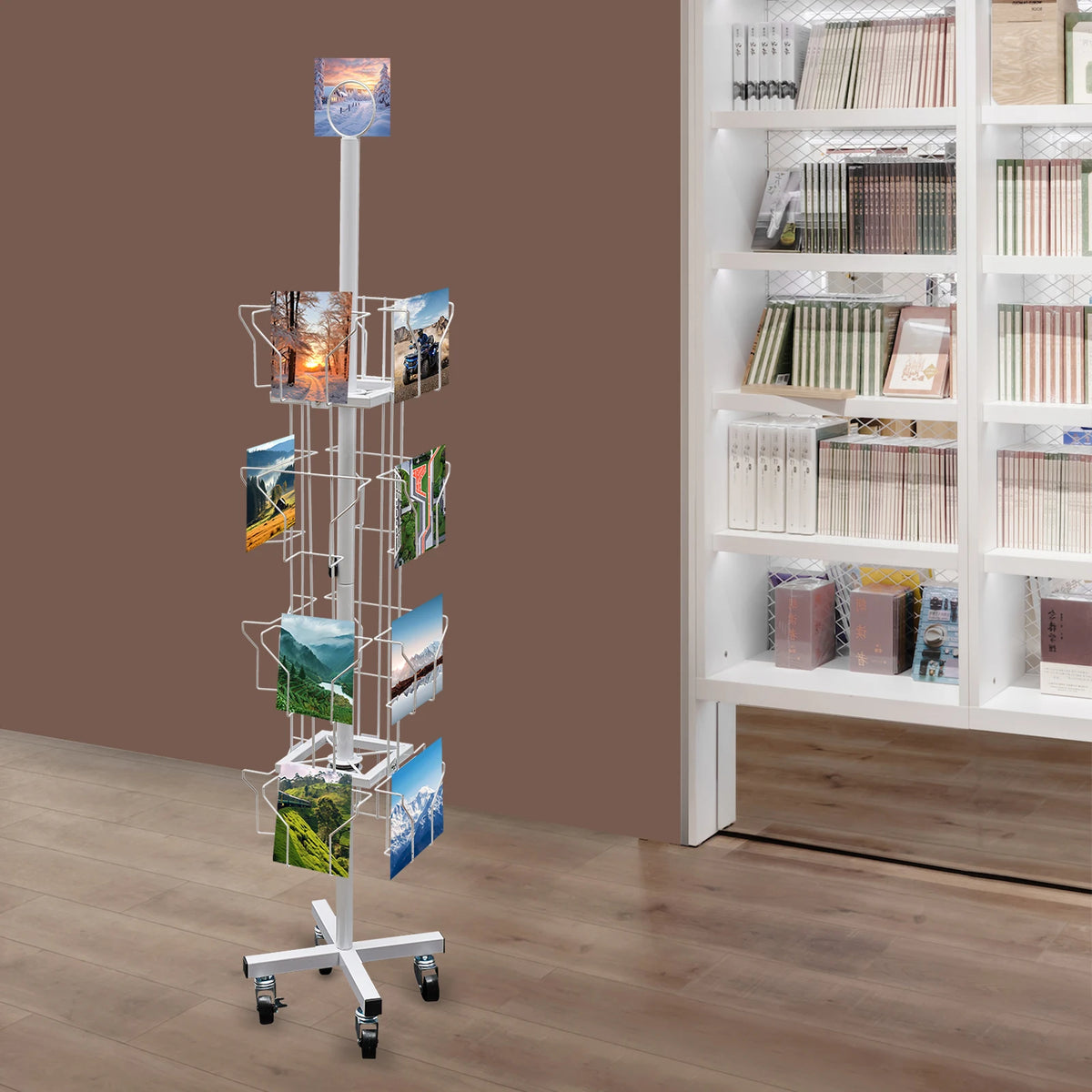 4-Tier 16 Pocket Rotating Greeting Card Rack, 360° Swivel Brochure Display Stand with 4 Wheels for Postcard Sticker Organizer, Floor Standing Metal Holder
