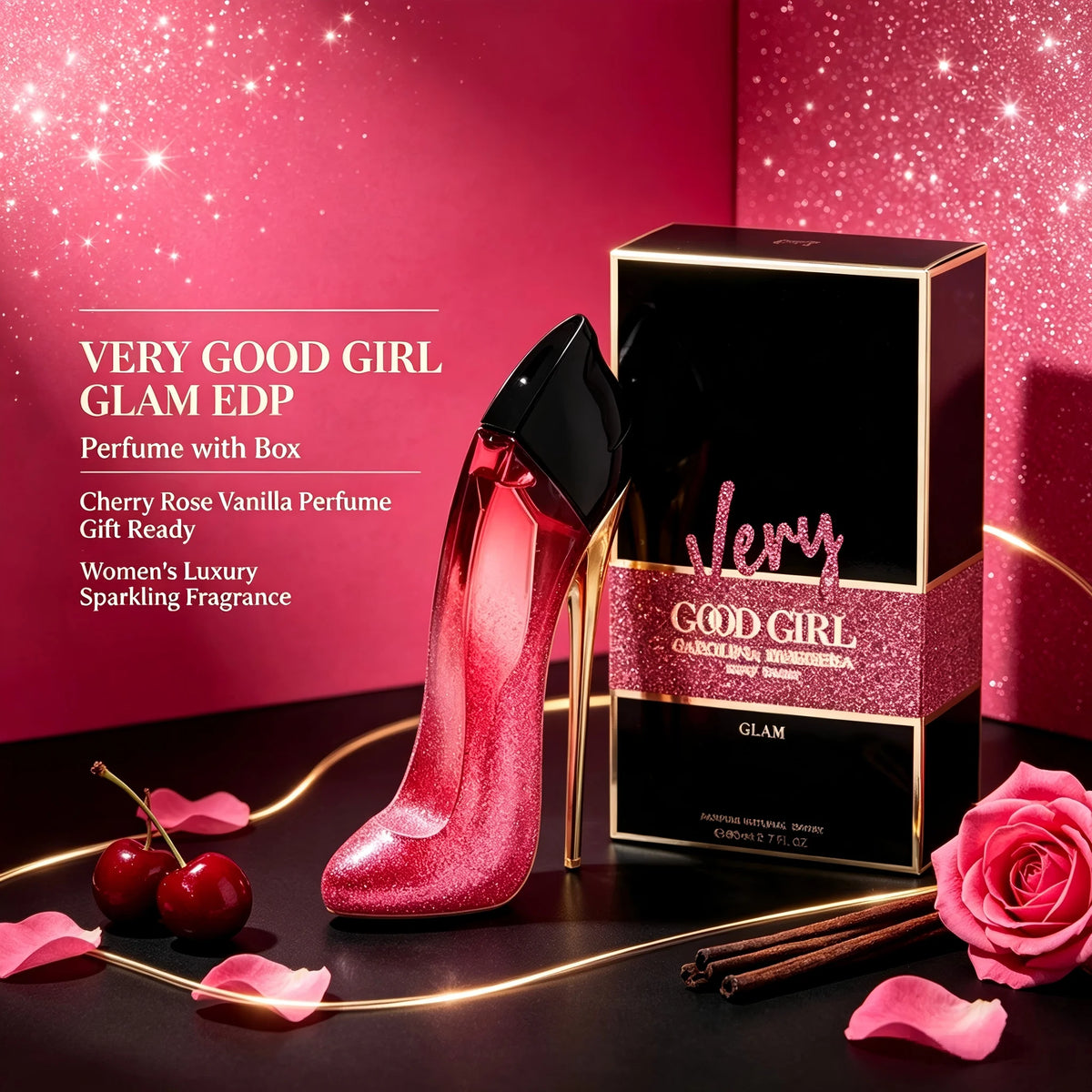 Carolina Herrera Very Good Girl Glam EDP 80ml 2.7 fl.oz Women Cherry Rose Vanilla Perfume Long Lasting Luxury Fragrance Sparkling Feminine Signature Scent Back to School Fall Fashion Halloween Christmas Holiday Gift Single Bo
