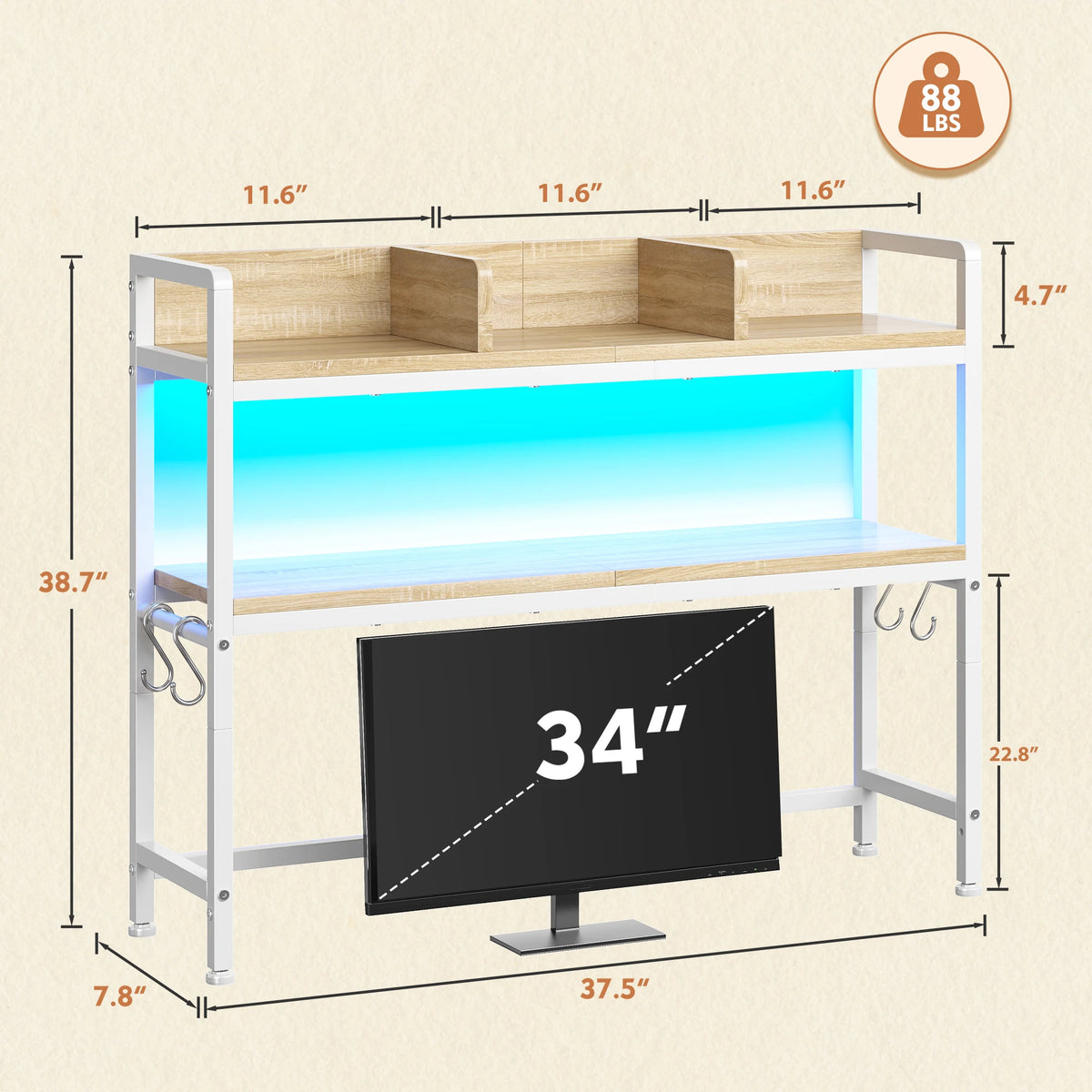 35.5" Desk Shelf With LED Lights And Hooks, 2-Tier Adjustable Multipurpose Solid Wood Desk Hutch Dorm, Desktop Organizer Rack With 3 Display Rack For Dorm, Office Home