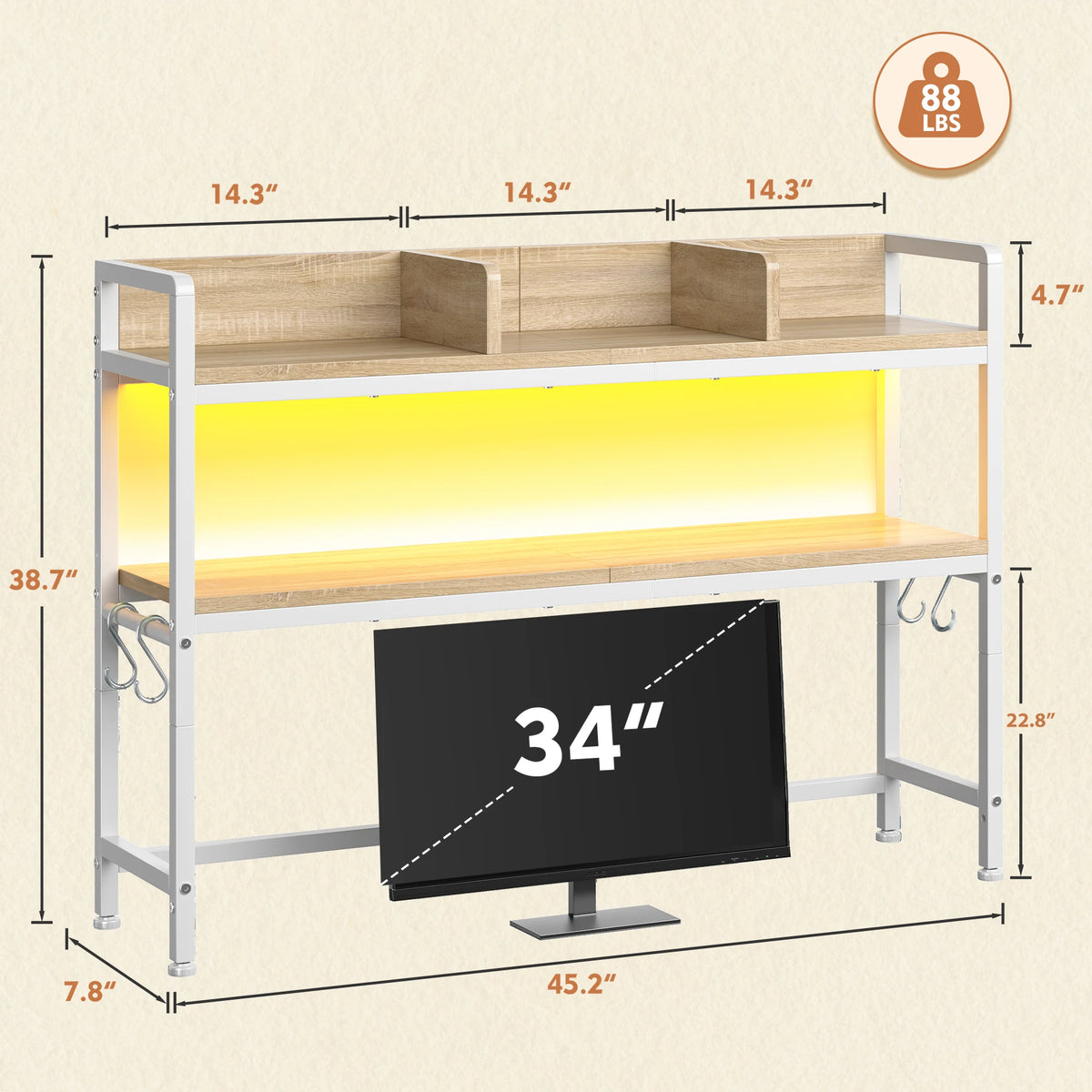 35.5" Desk Shelf With LED Lights And Hooks, 2-Tier Adjustable Multipurpose Solid Wood Desk Hutch Dorm, Desktop Organizer Rack With 3 Display Rack For Dorm, Office Home