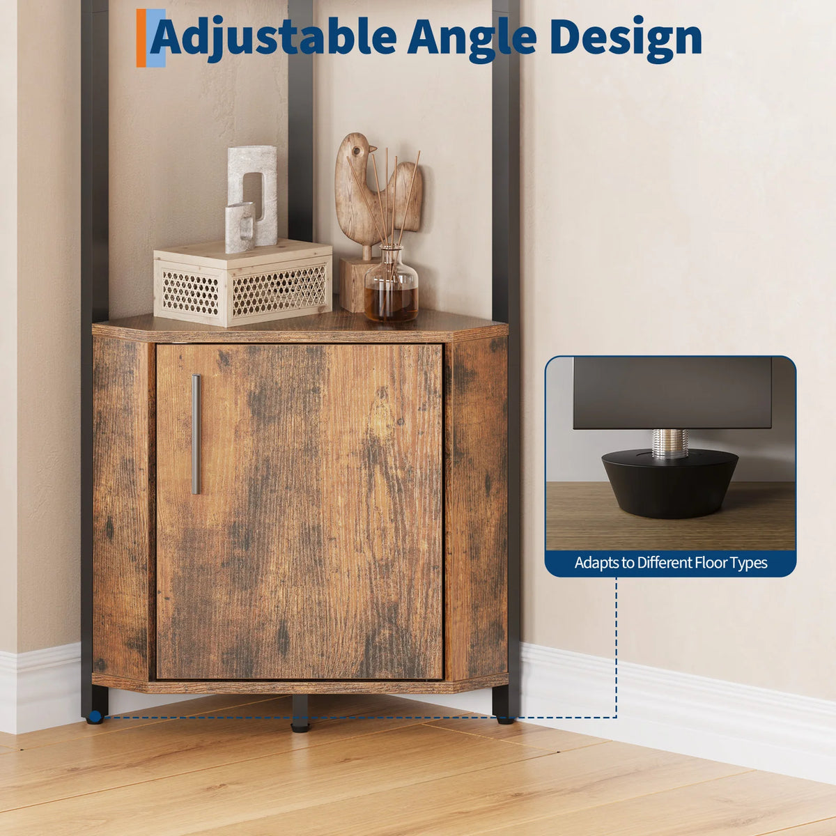 5 Tier Corner Shelf Stand with Metal Frame & Wood Shelves, Rustic Modern Tall Corner Organizer for Kitchen Bedroom, Display Rack