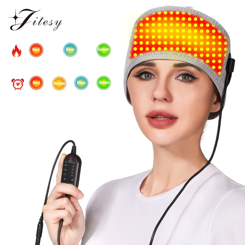 660nm Red Light Heated Headband Full-Wrap Head Massager Red Light 3 Heating Modes Relief Pain Anti-fatigue Helpful for Sleep Forehead Heating Pad Relieve Head Discomfort Home Relax 3 Modes Velcro Adjustable