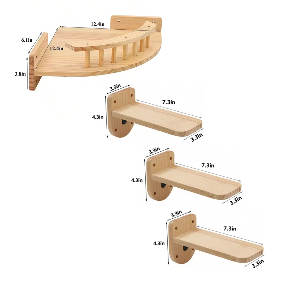 3/4Pcs Corner Hammock with Steps Set Wall Mounted Cat Tree Climbing Shelf For Indoor Cats Wooden Hanging Sleeping Bed Furniture
