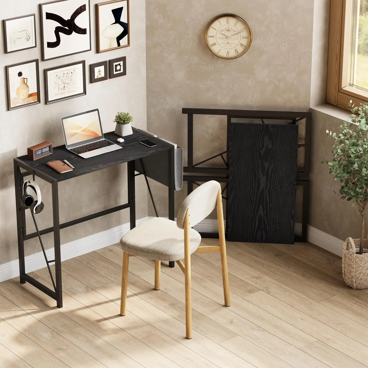 31.5" Folding Computer Desk Space-Saving Compact Home Office Writing Desk Side Storage Pocket & 2 Headphone Hooks Collapsible Computer Writing Table for Home Office, Bedroom, Balcony