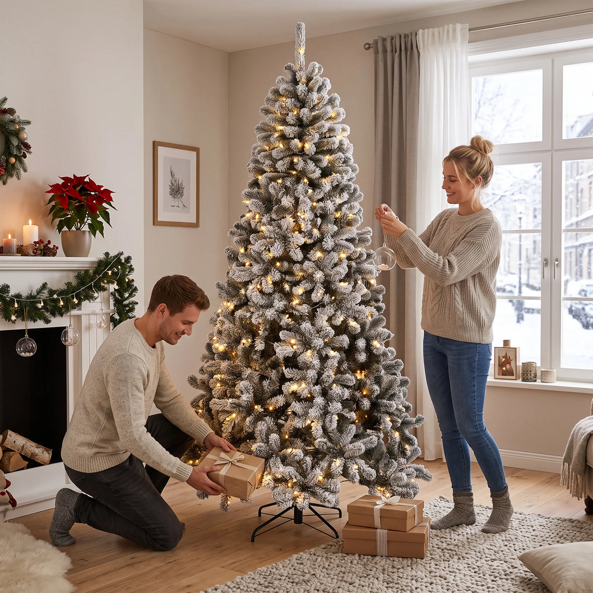 HOMCOM 6ft Flocked Prelit Christmas Tree, Northern Pine, Artificial Xmas Tree with 706 Curved Tips, 250 LEDs, Foldable Steel Base, Green White