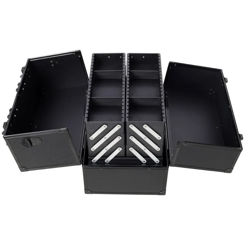 14Inch Large Black Professional Multi‑layer Foldable Makeup Case Large Capacity Cosmetic Storage Box Lockable Design Compartment Organizer with Mirror Portable Beauty Train Case for Home Dressing Table Outdoor Makeup Work
