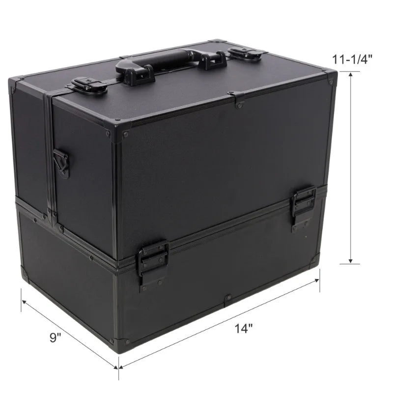 14Inch Large Black Professional Multi‑layer Foldable Makeup Case Large Capacity Cosmetic Storage Box Lockable Design Compartment Organizer with Mirror Portable Beauty Train Case for Home Dressing Table Outdoor Makeup Work