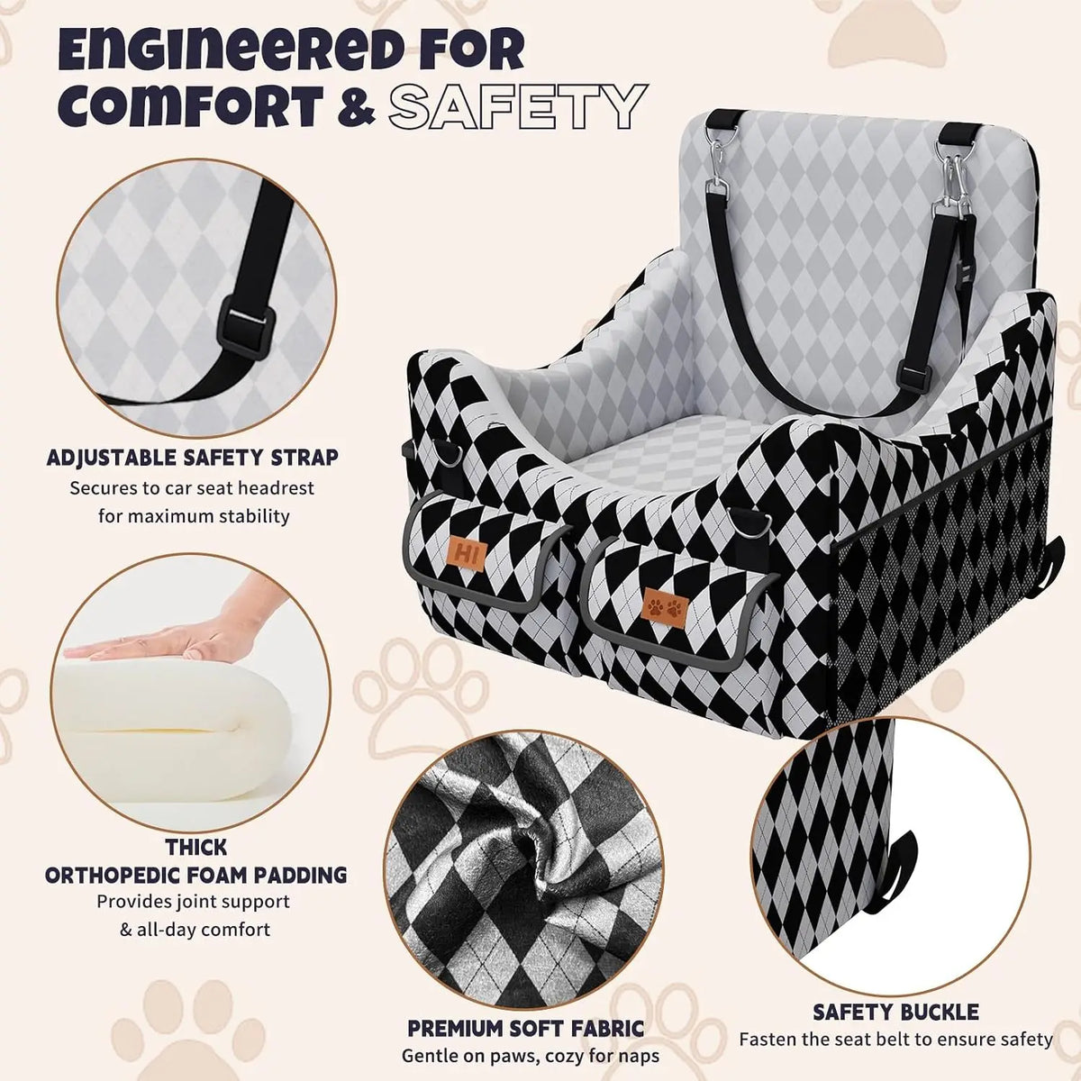 Dog Car Seat for Small/Medium Dogs up to 35lbs, 4-Pocket Storage Memory Foam Dog Booster Seat, Detachable Washable Pet Car Seat with Safety Belt, Outdoor & Indoor Use